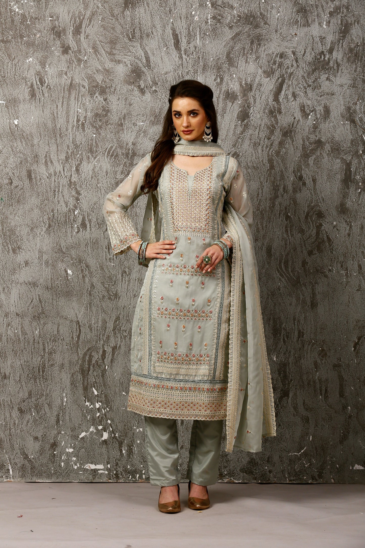Green Subtle Pakistani Style Organza Suit Set #1612