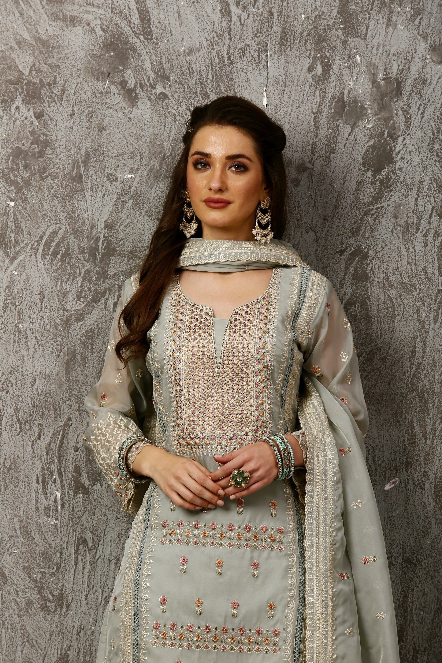 Green Subtle Pakistani Style Organza Suit Set #1612
