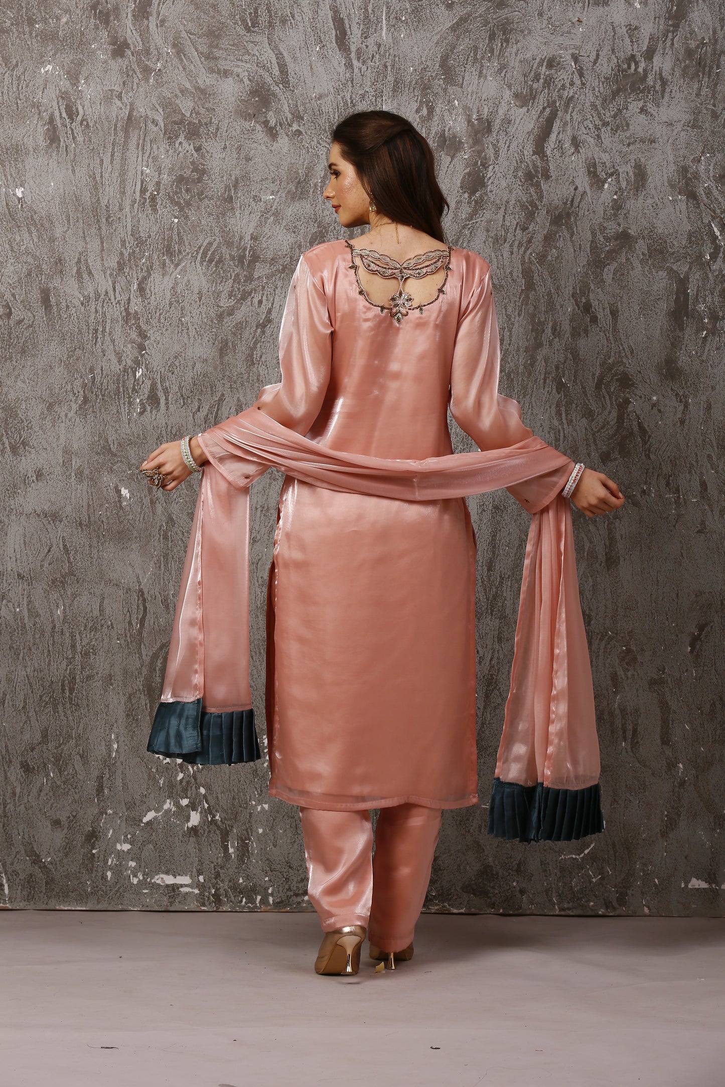 Peach Jimmy Choo Designer Suit Set with Zardozie Handwork #1646