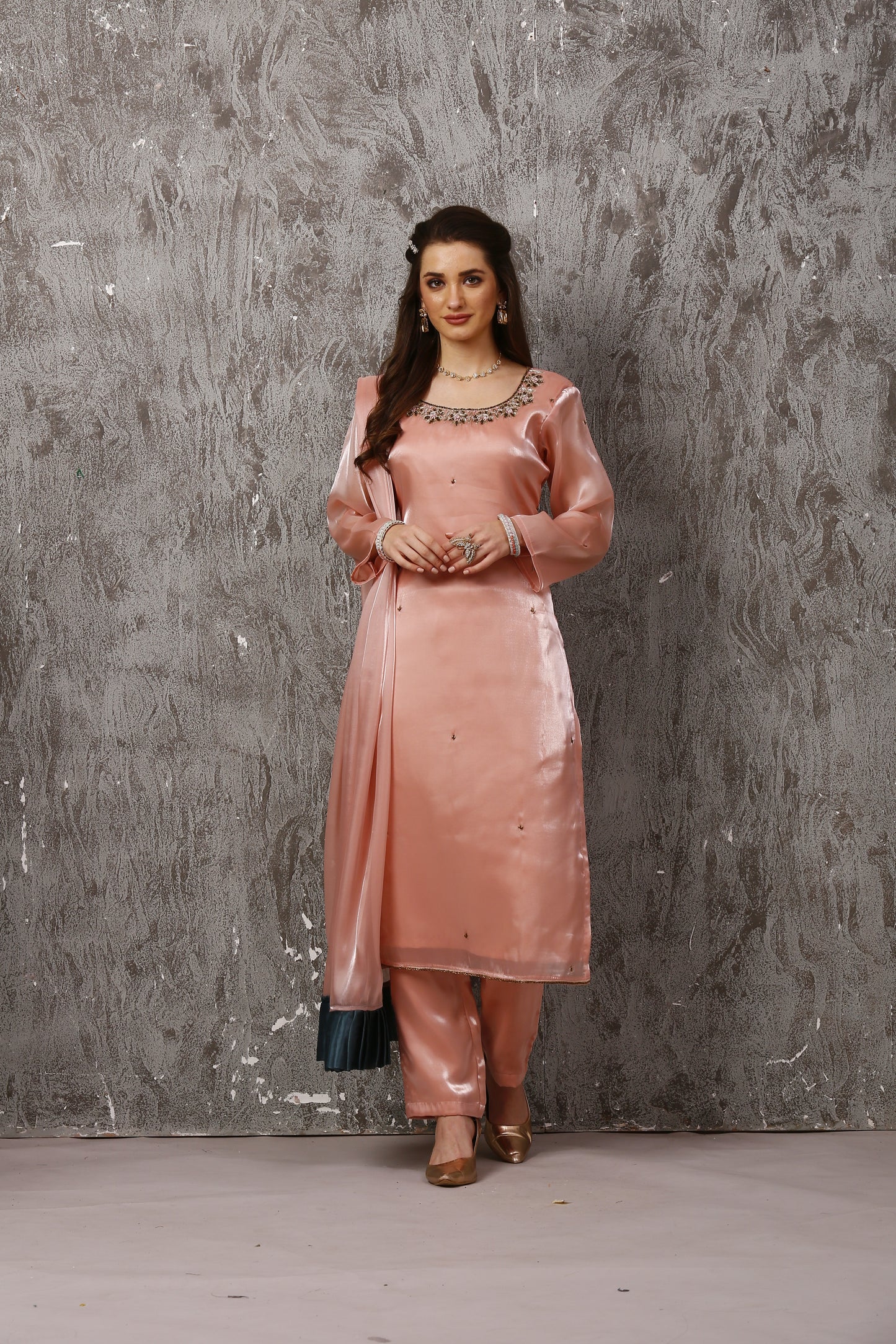 Peach Jimmy Choo Designer Suit Set with Zardozie Handwork #1646