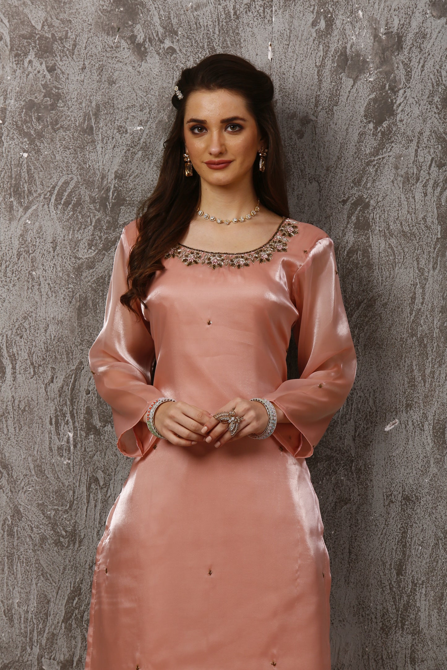 Peach Jimmy Choo Designer Suit Set with Zardozie Handwork #1646