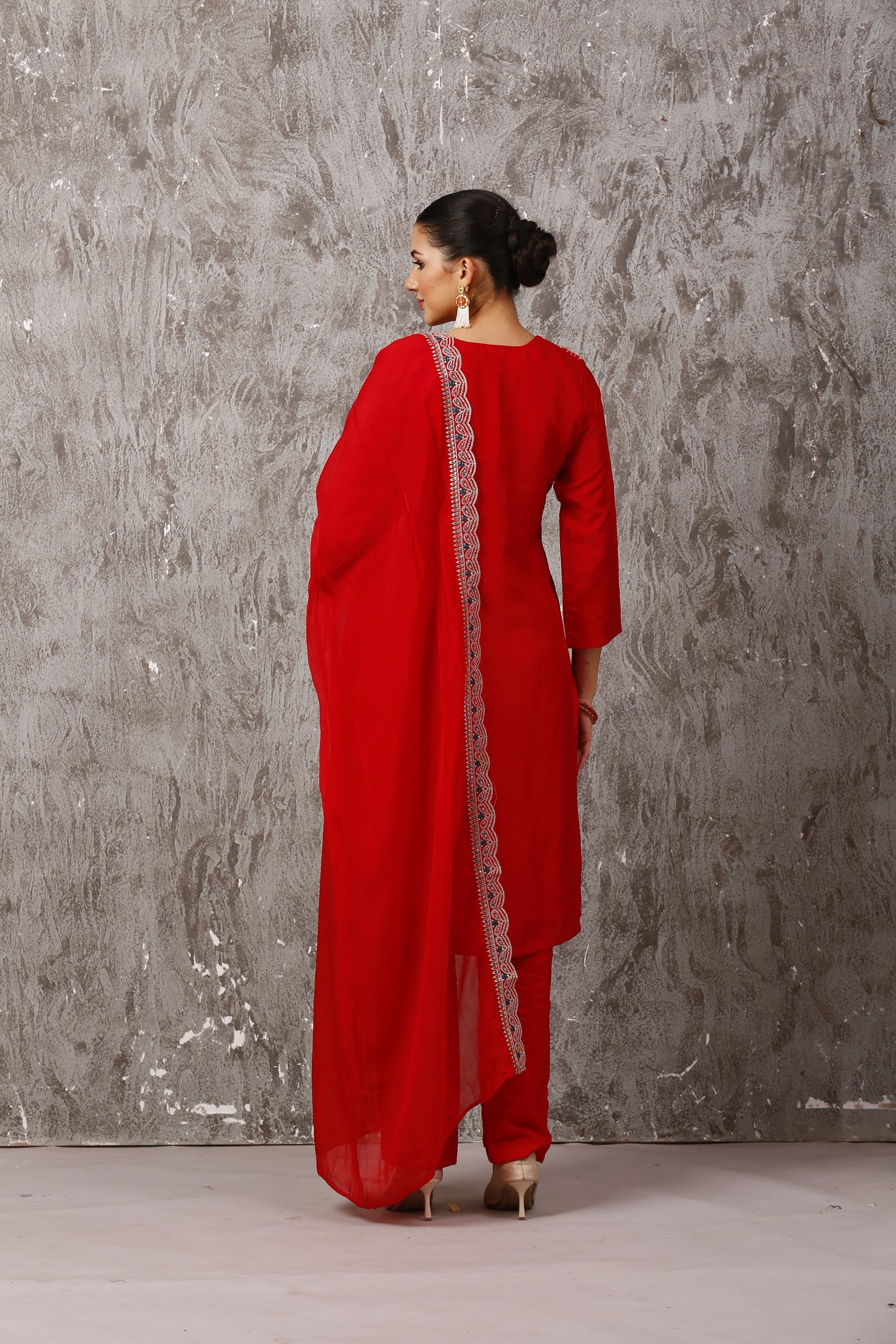 Red Elegant Jacquard Bandhani Silk Suit Set with Organza Dupatta #1651