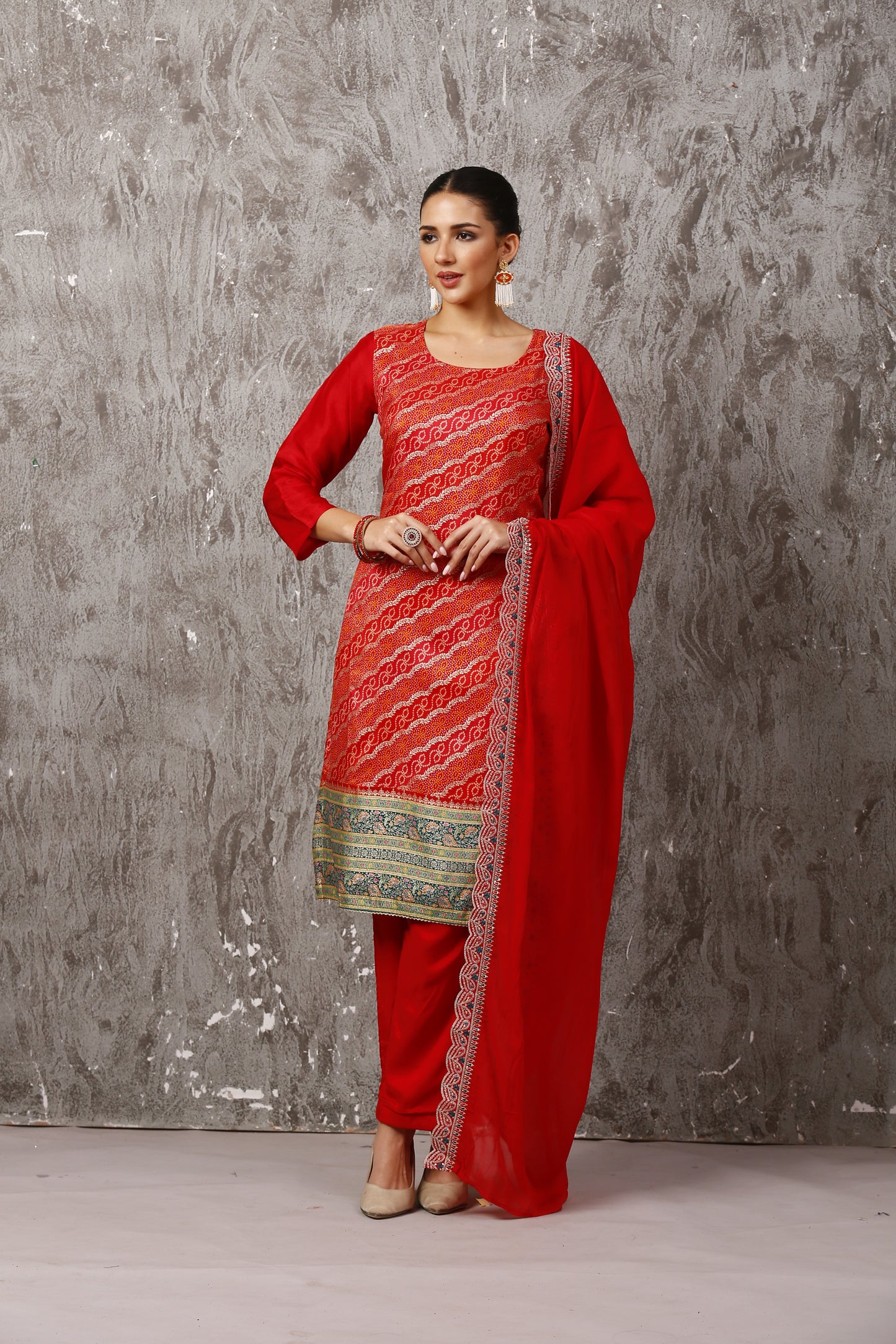 Red Elegant Jacquard Bandhani Silk Suit Set with Organza Dupatta #1651