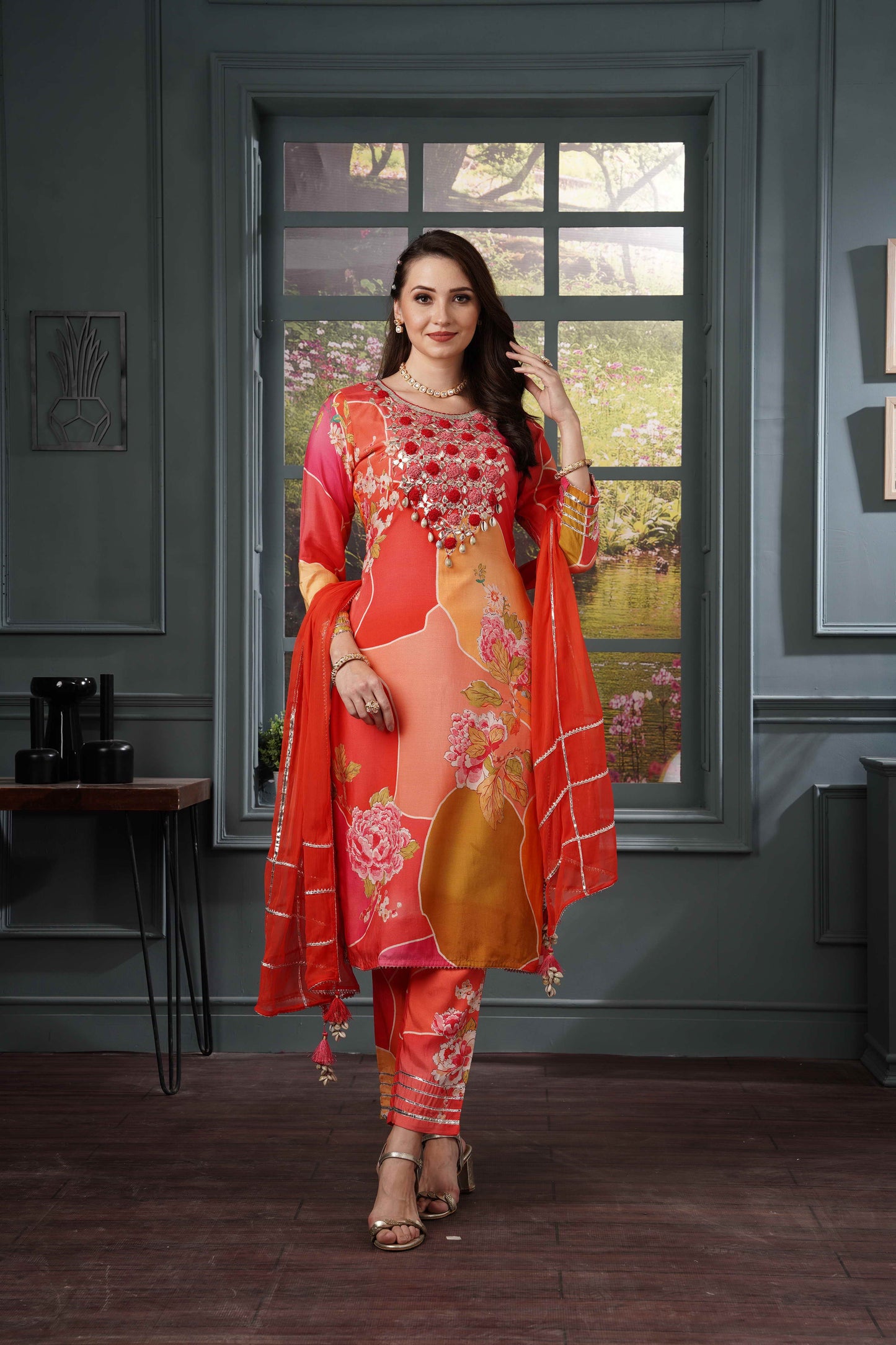 Red Orange Muslin Shell Suit Set #1302