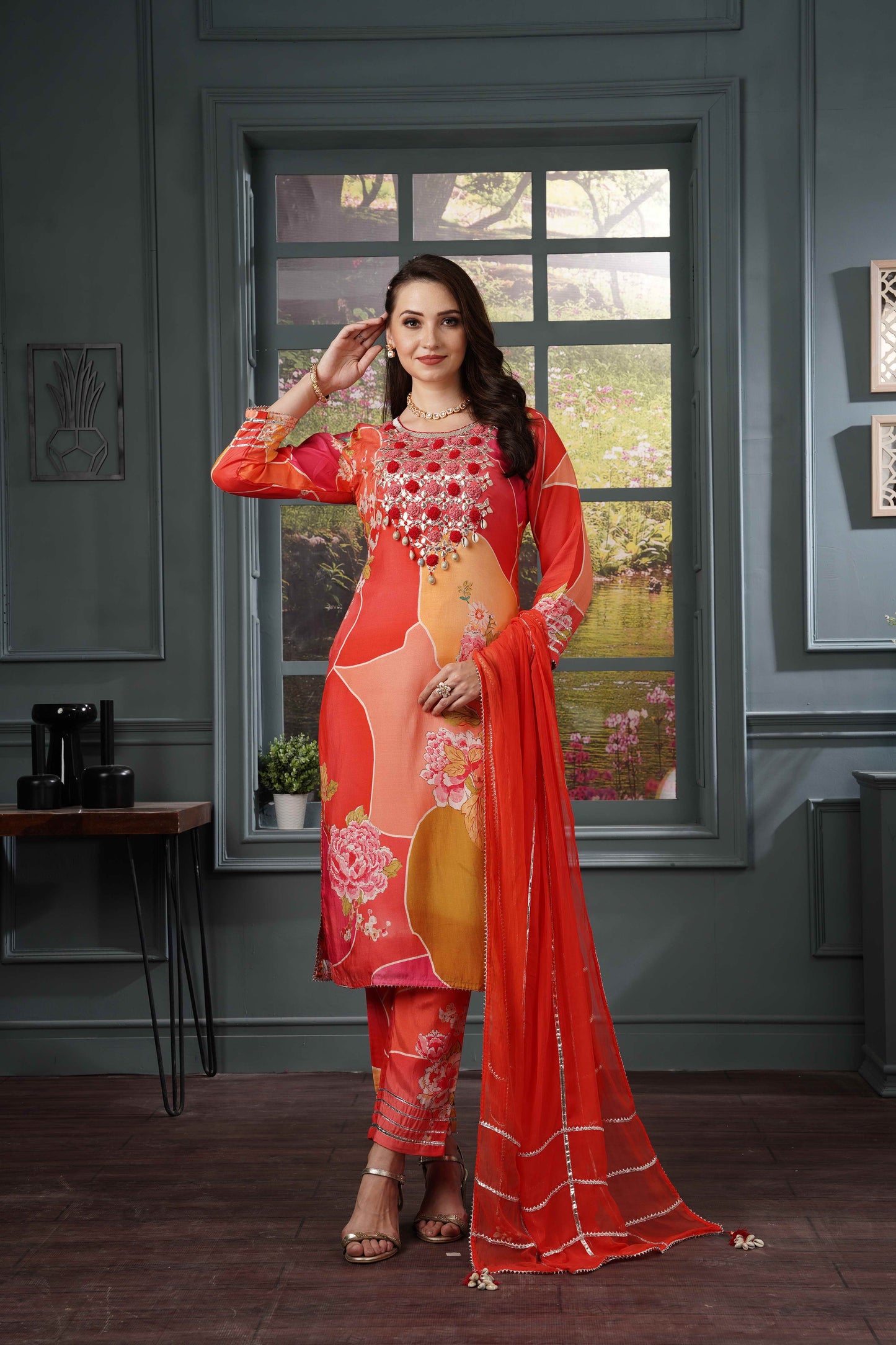 Red Orange Muslin Shell Suit Set #1302