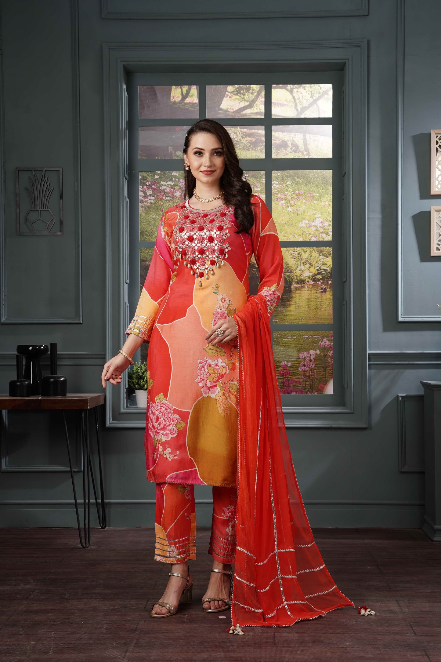 Red Orange Muslin Shell Suit Set #1302