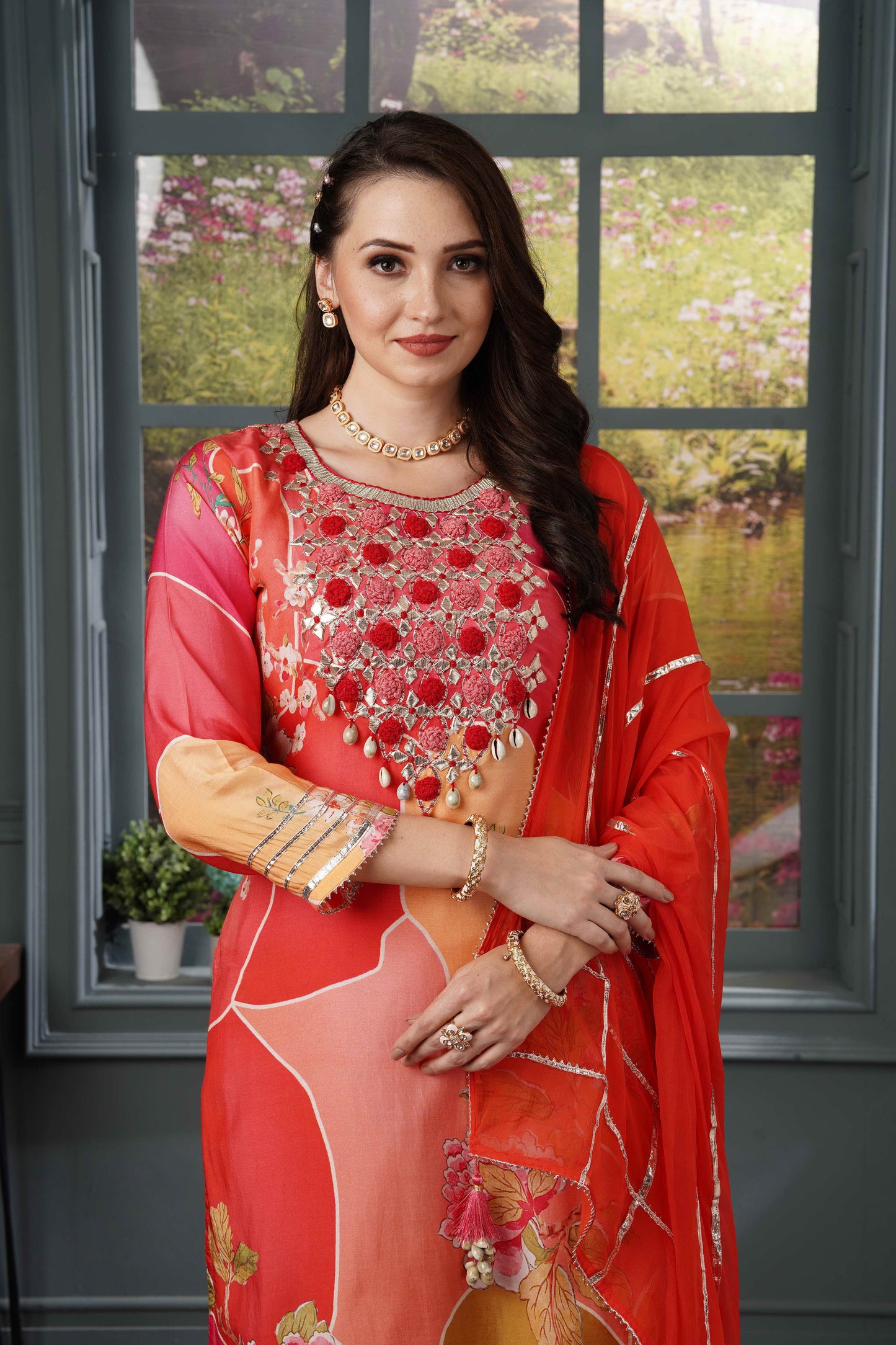 Red Orange Muslin Shell Suit Set #1302