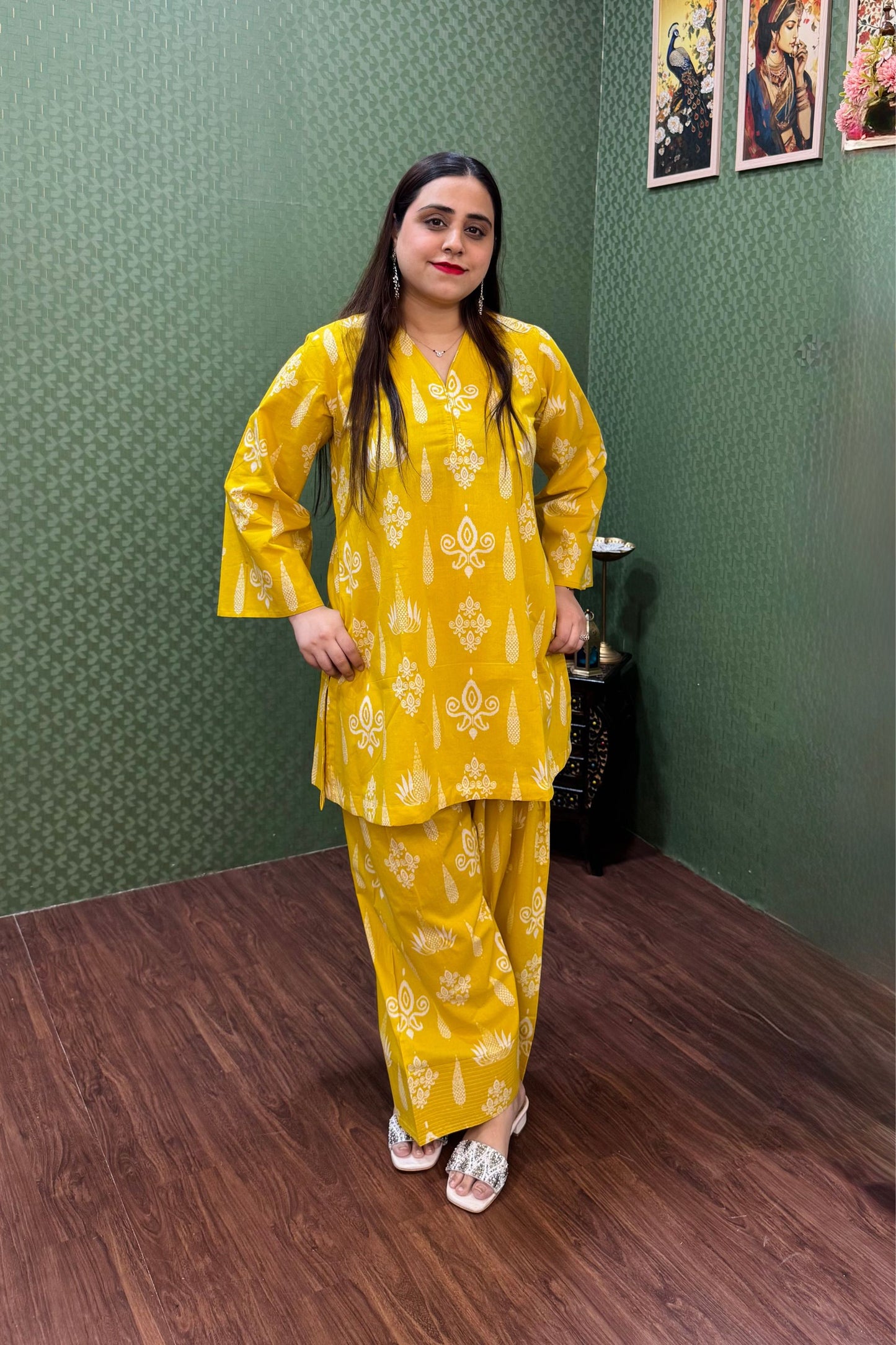 Sunny Yellow Pure Cotton A-Line Co-ord Set for Women #1818