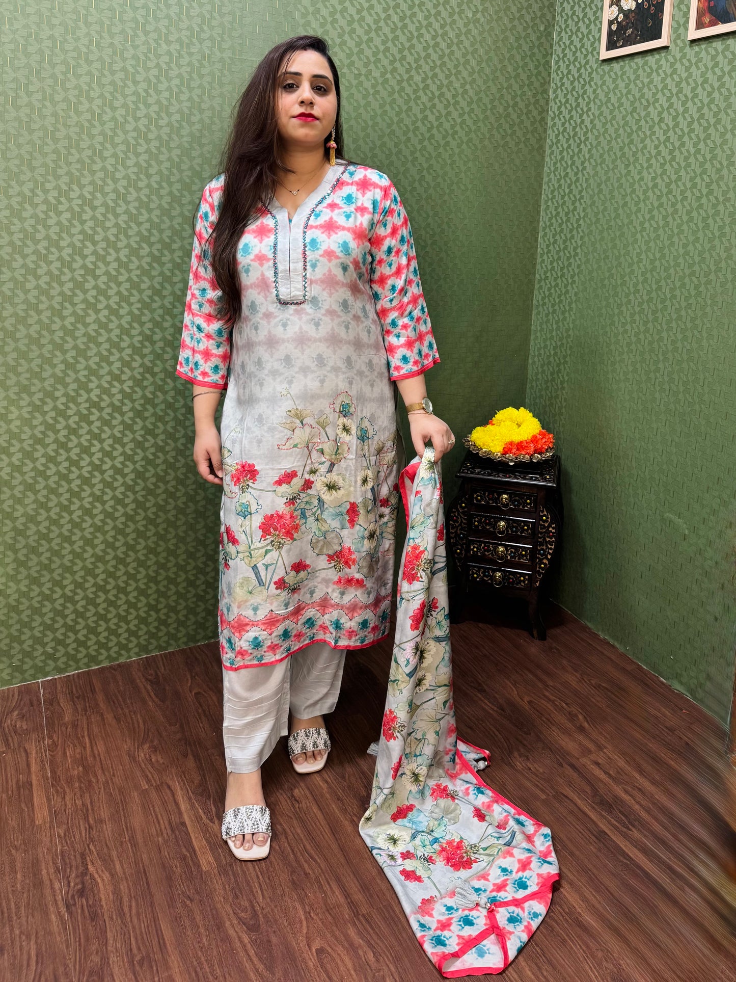 Pure Muslin Grey & Peach Digital Print Suit Set #1765