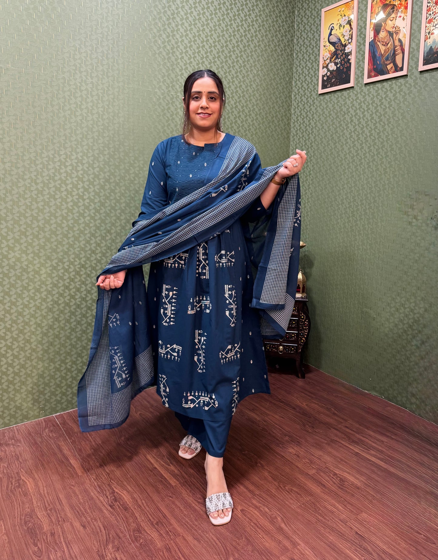 Navy Blue A-Line Cotton Suit Set #1791