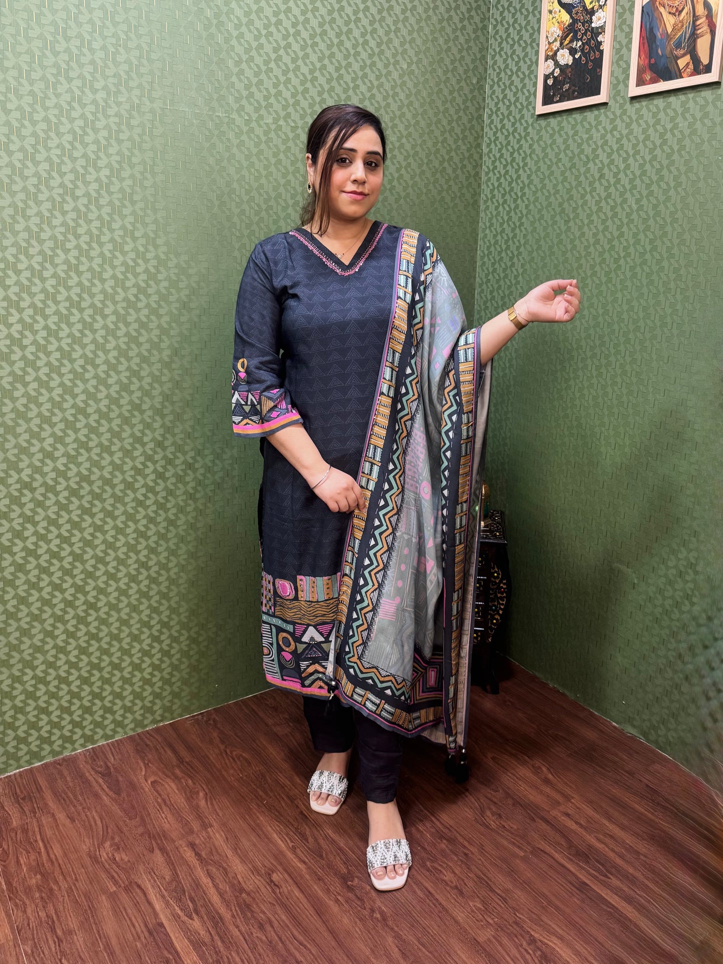 Pure Muslin Charcoal Black Digital Print Suit Set #1763