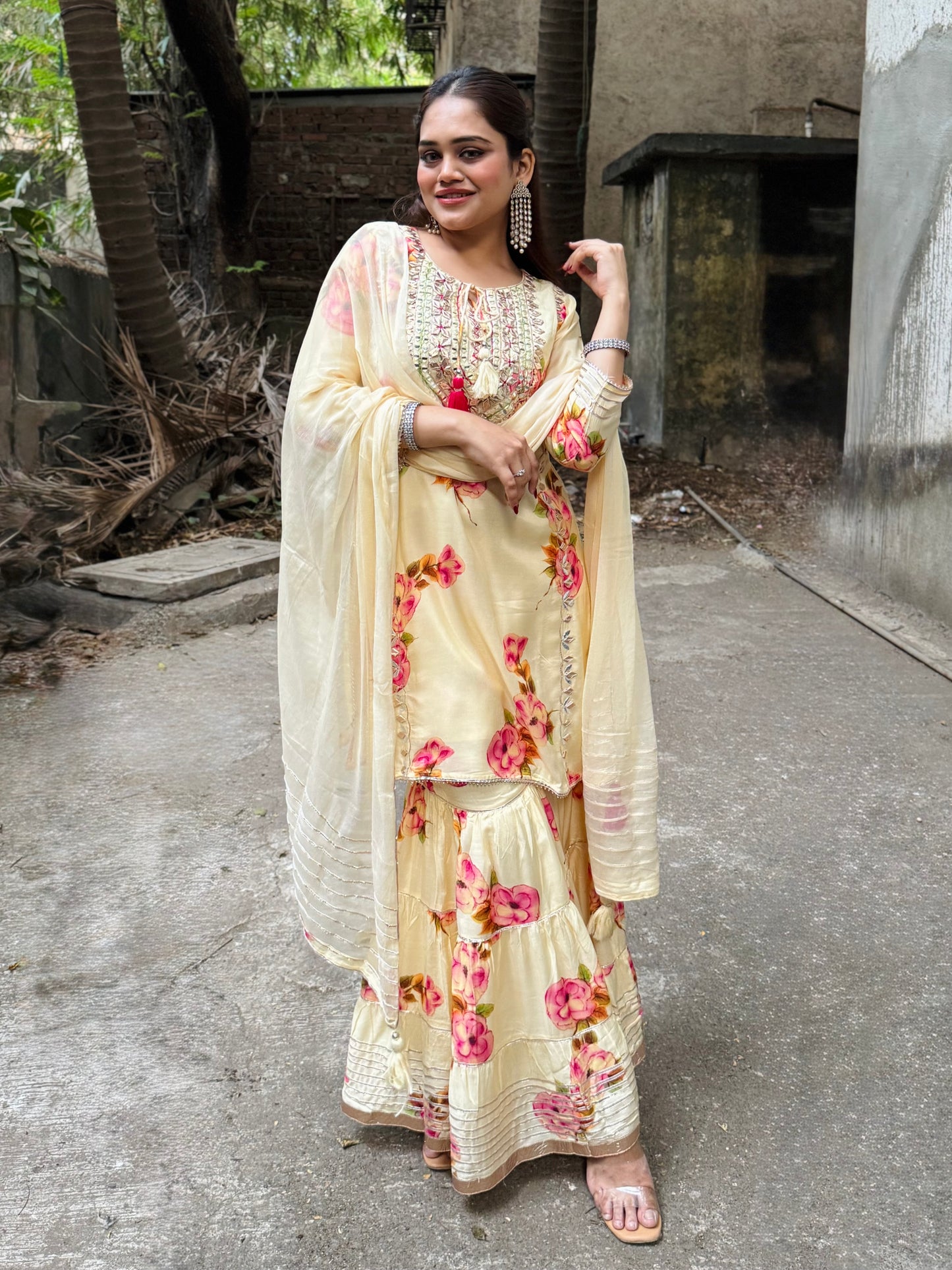 Yellow Muslin Sharara Set with Gotta & Mirror Work #1772