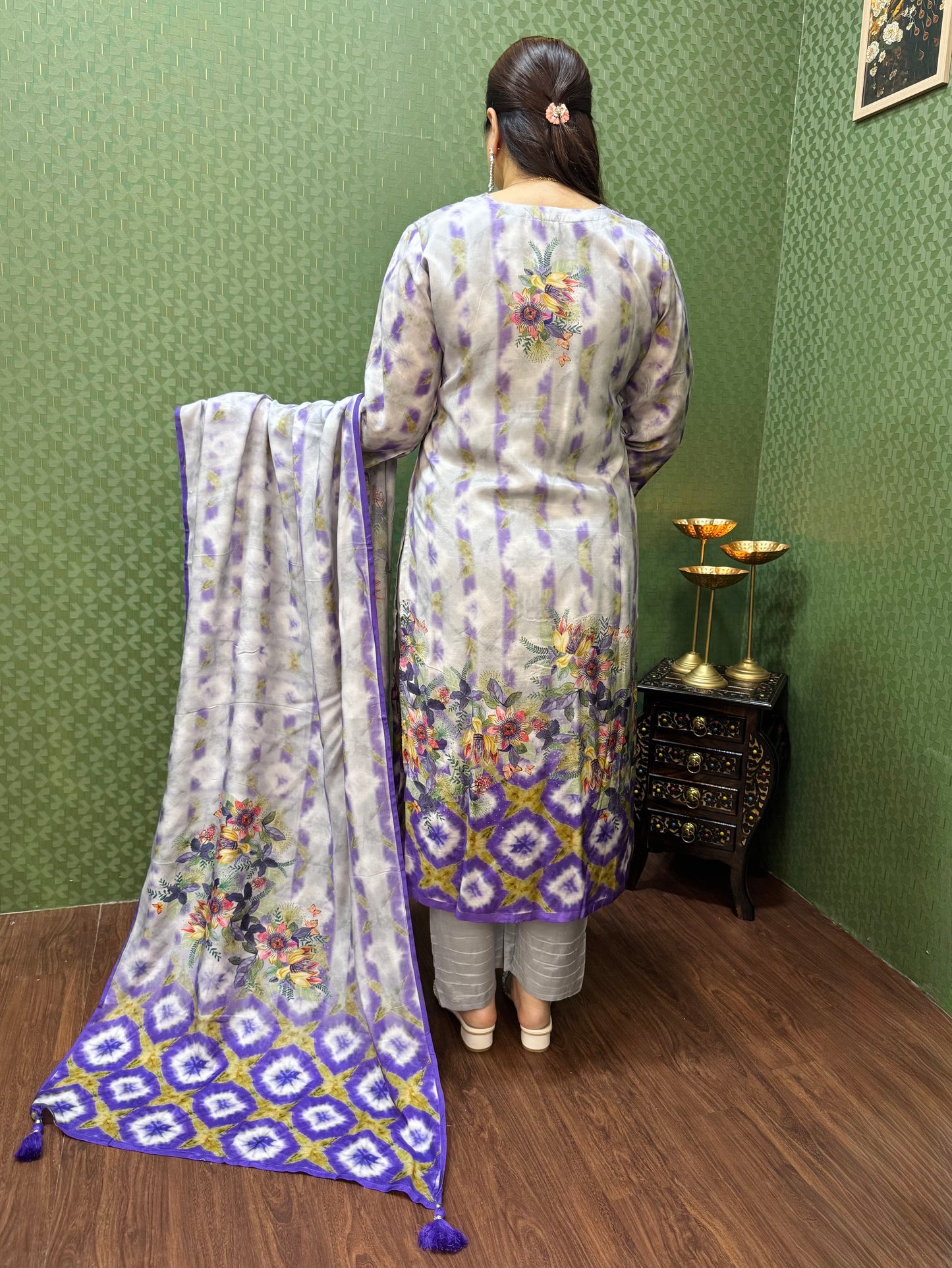Pure Muslin Grey & Purple Digital Print Suit Set #1768