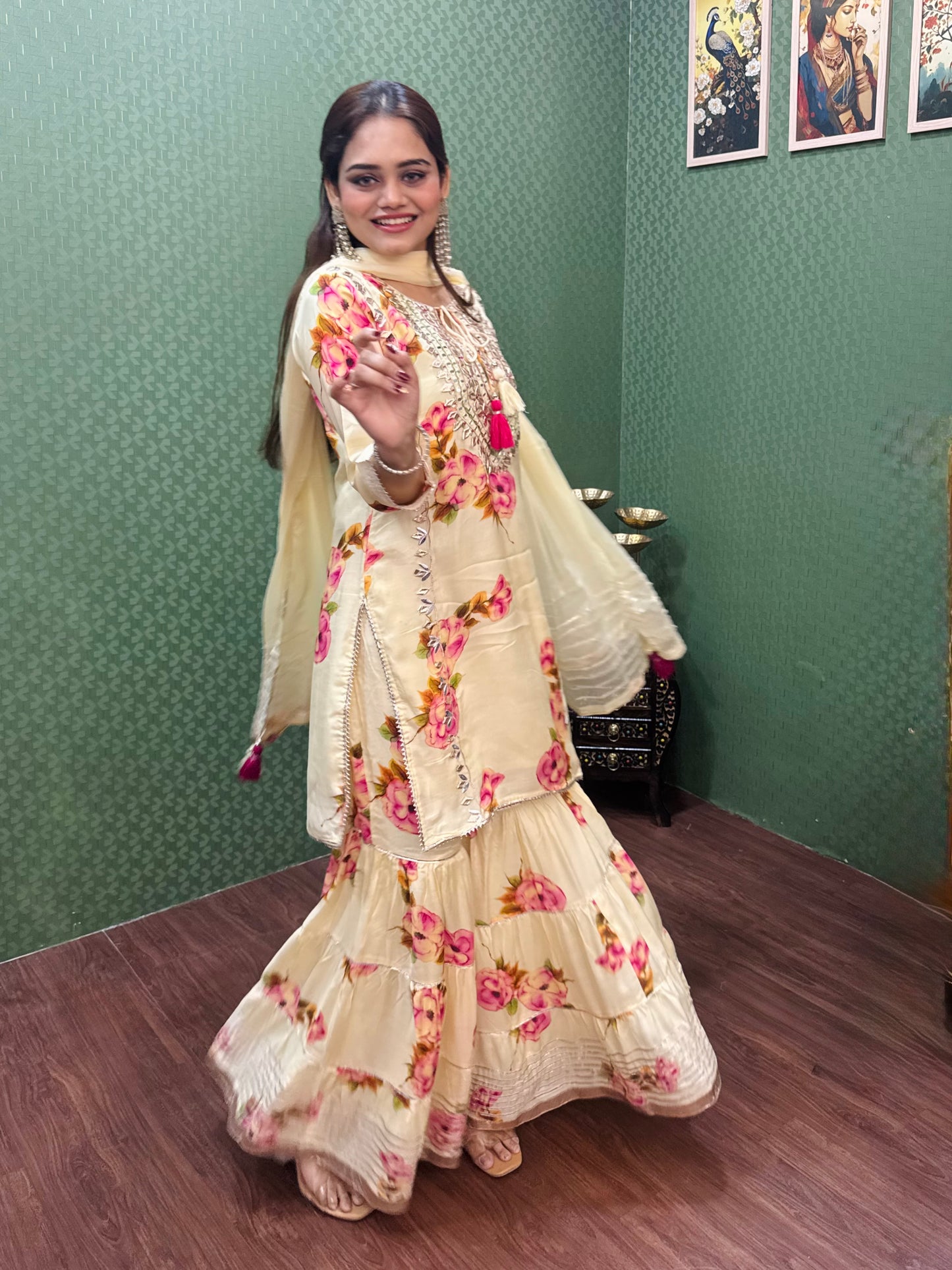 Yellow Muslin Sharara Set with Gotta & Mirror Work #1772