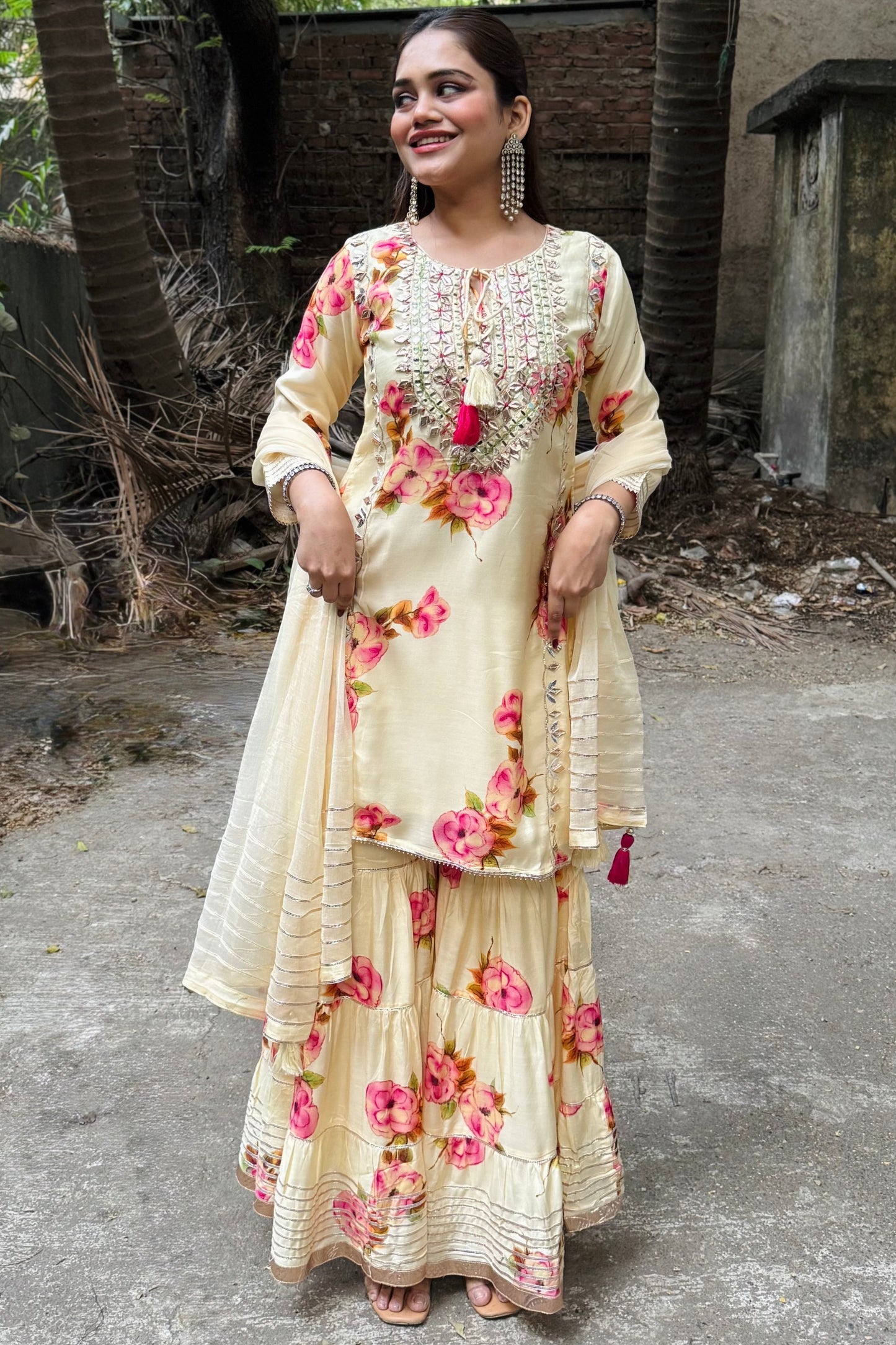 Yellow Muslin Sharara Set with Gotta & Mirror Work #1772