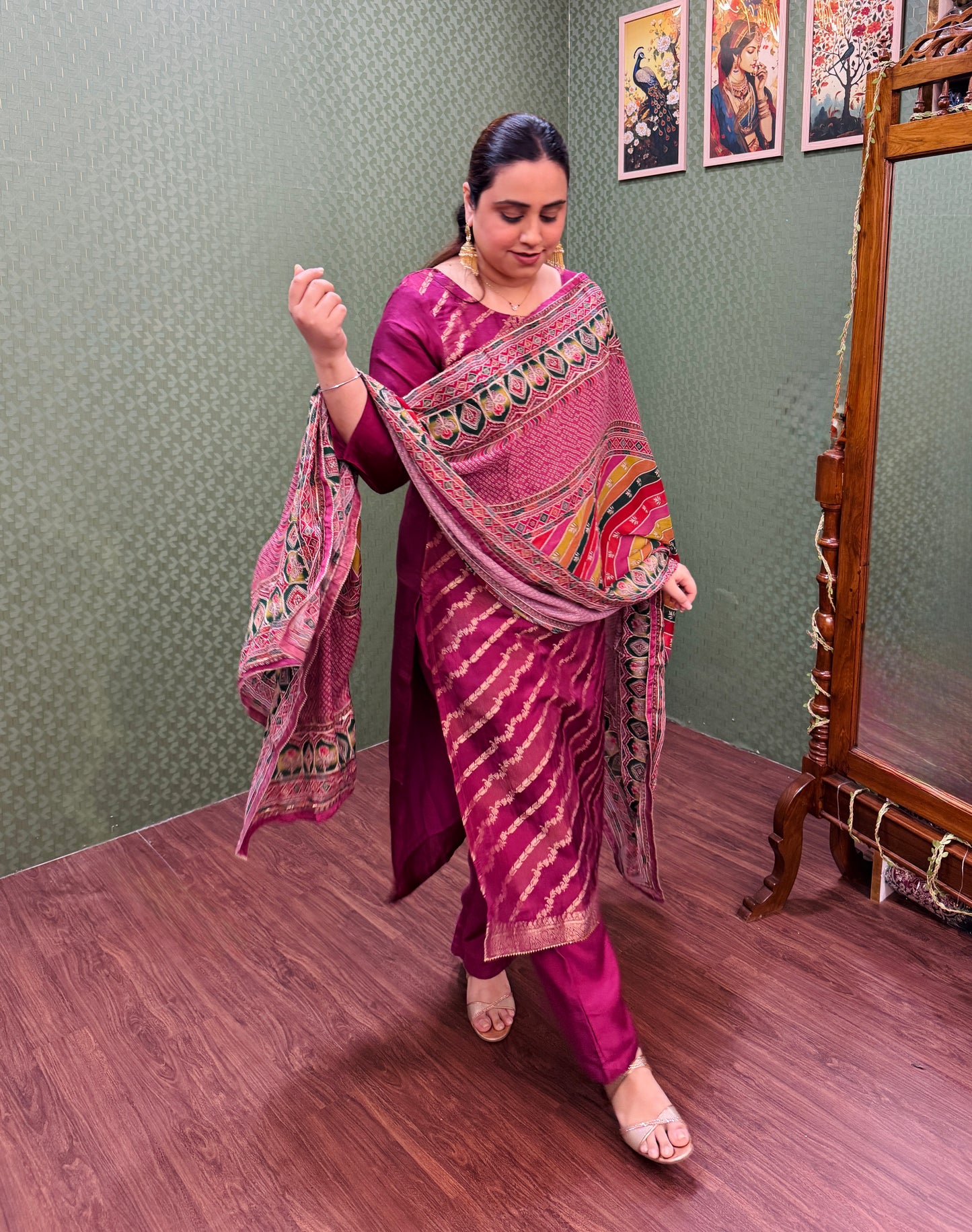 Pink Banarasi Silk Lehriya Suit Set #1662