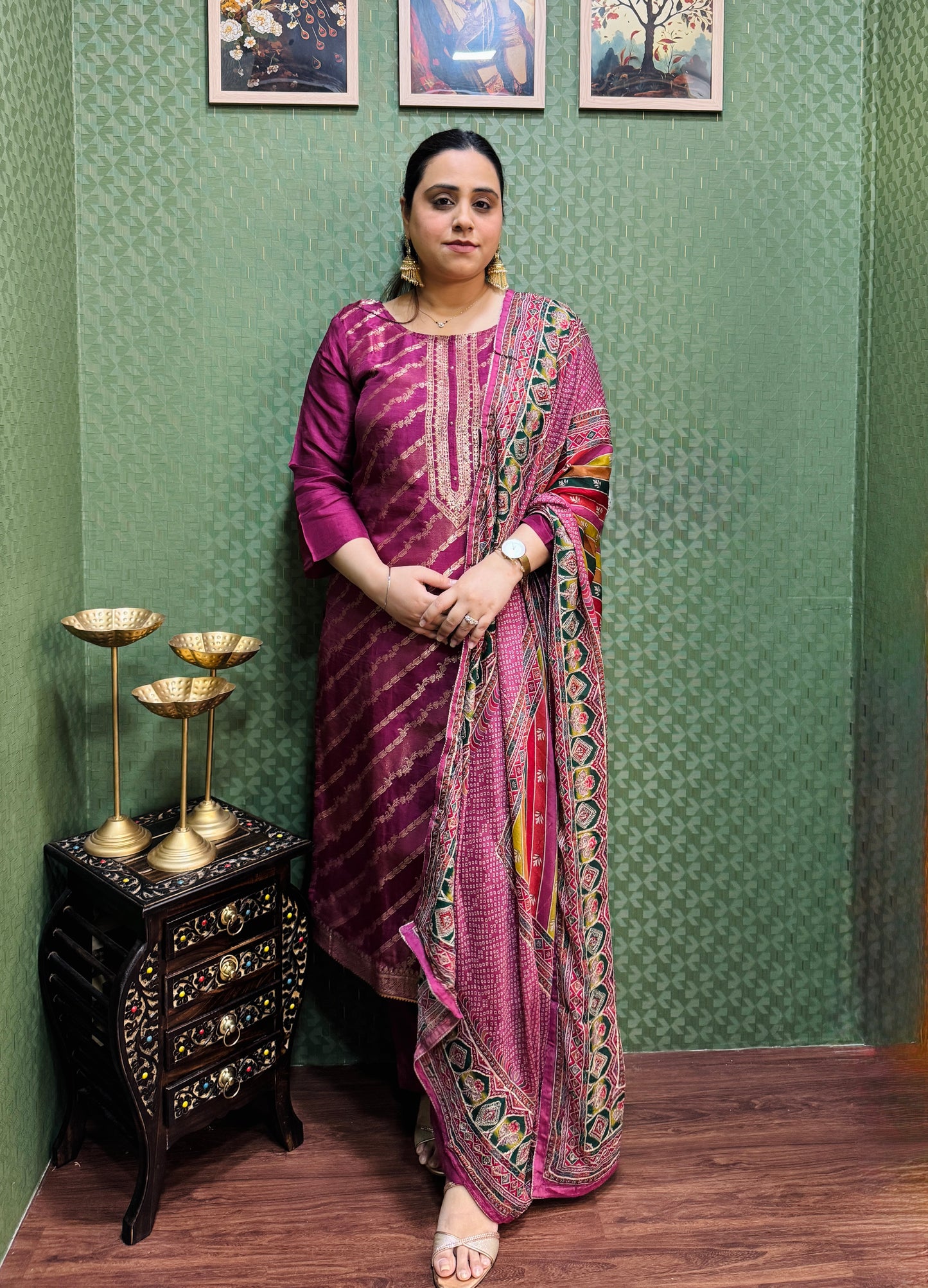 Pink Banarasi Silk Lehriya Suit Set #1662