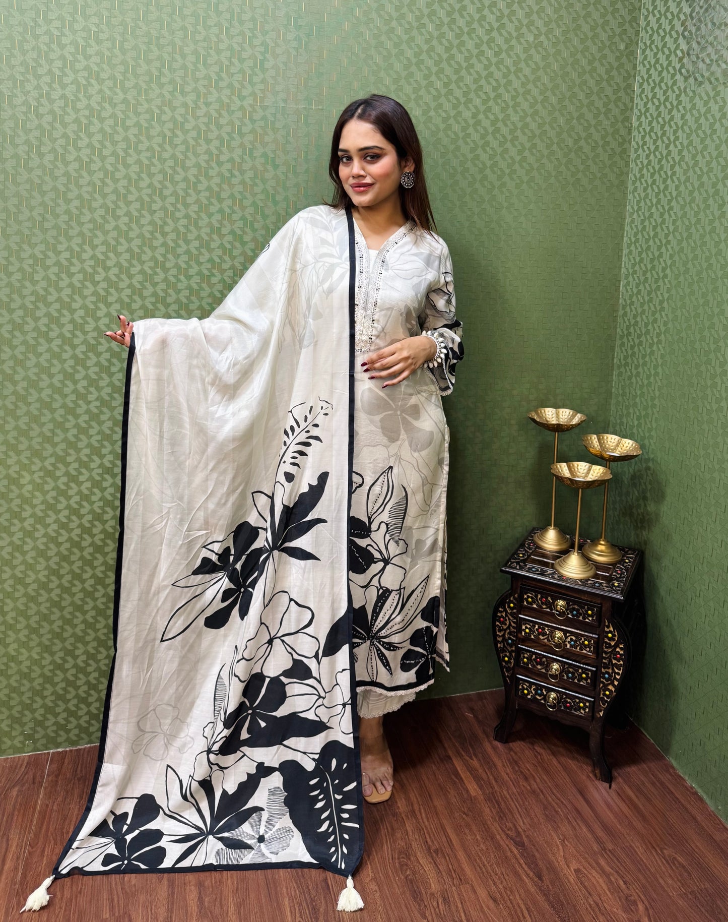Ivory & Black Pure Muslin Digital Print Suit #1767