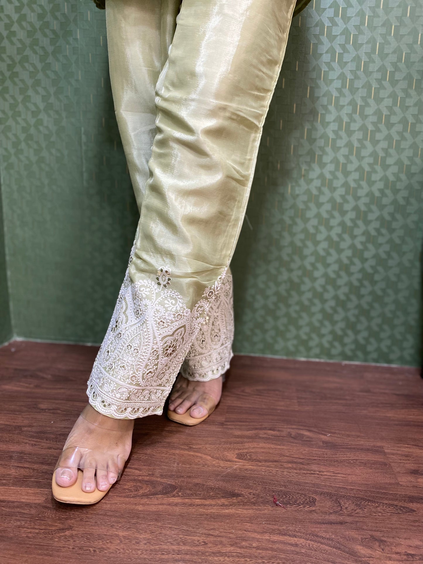 Pista Green Dazzling Handwork Chinnon Co-ord Set #1530