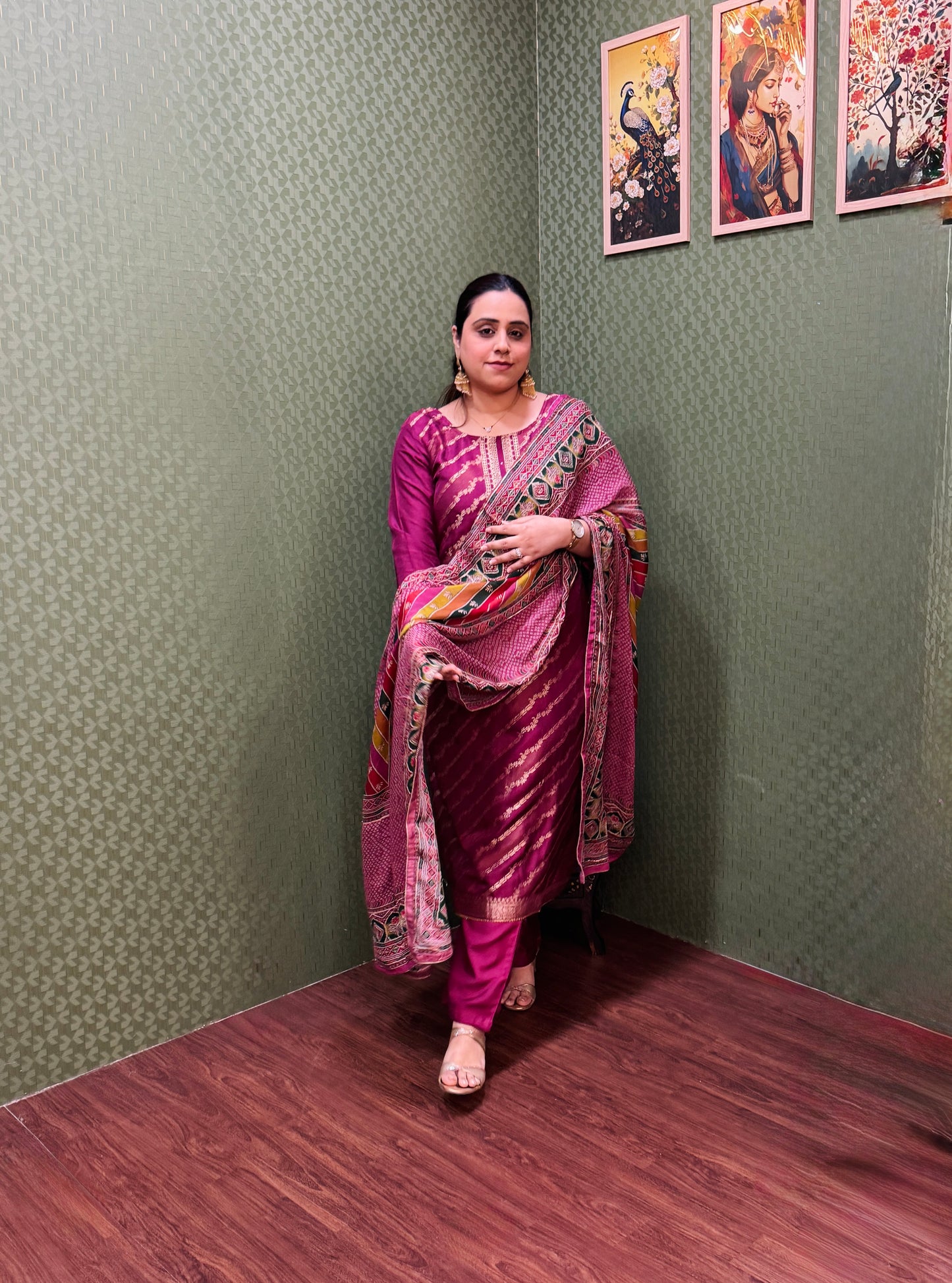 Pink Banarasi Silk Lehriya Suit Set #1662