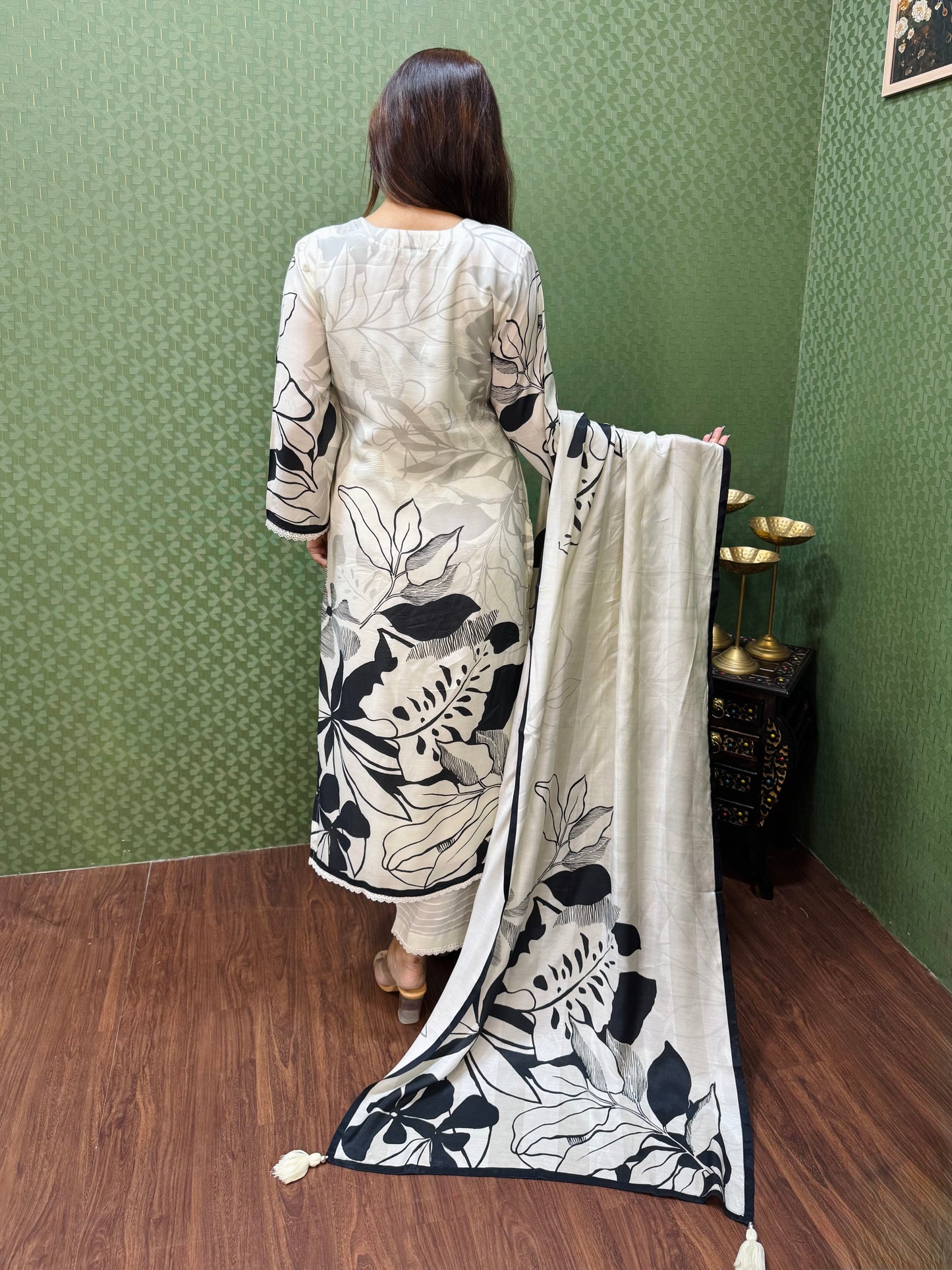 Ivory & Black Pure Muslin Digital Print Suit #1767