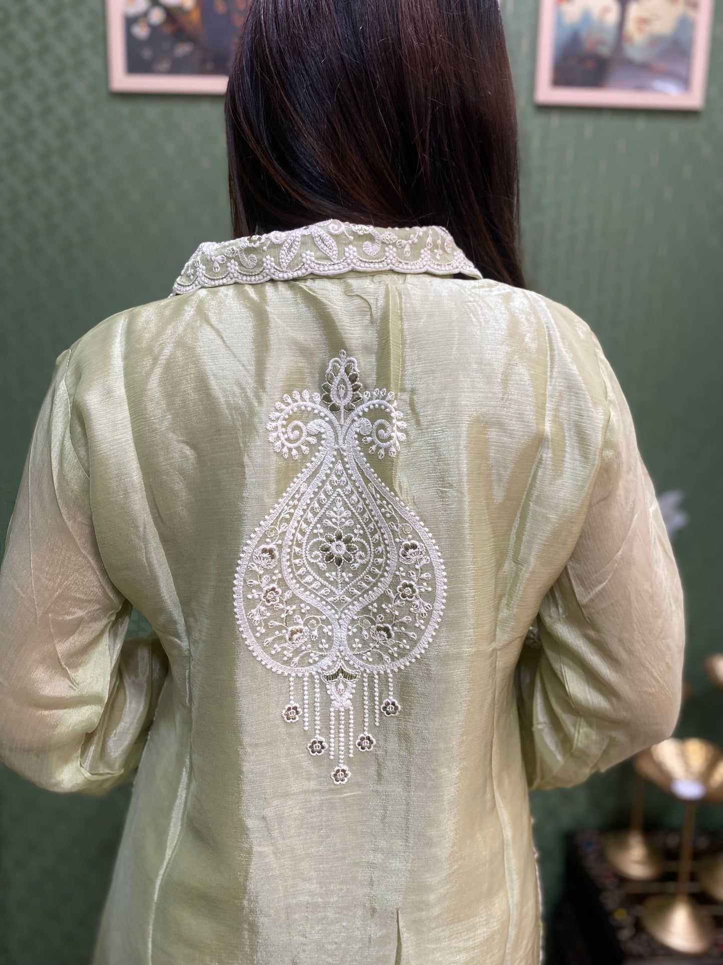 Pista Green Dazzling Handwork Chinnon Co-ord Set #1530