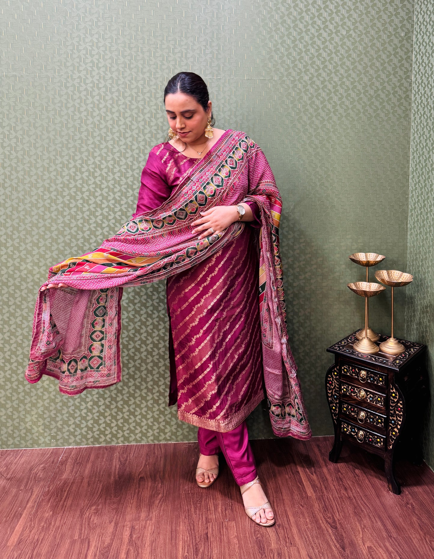 Pink Banarasi Silk Lehriya Suit Set #1662