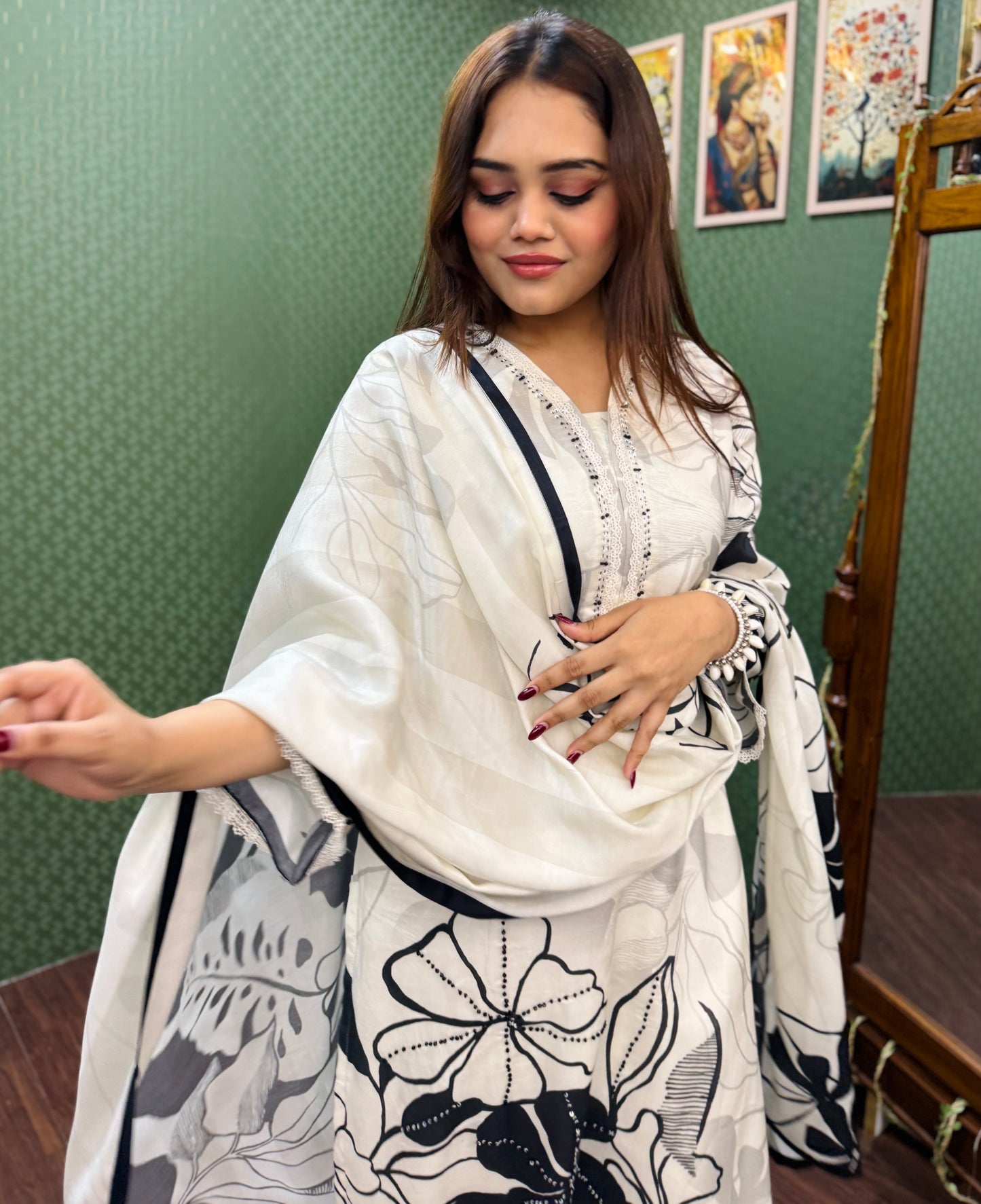 Ivory & Black Pure Muslin Digital Print Suit #1767