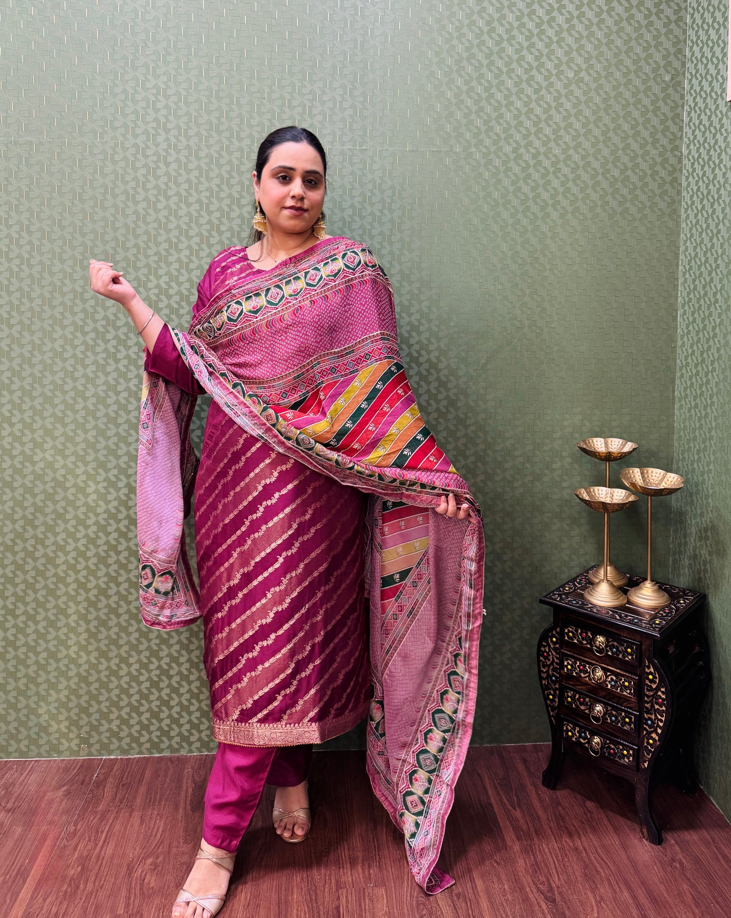 Pink Banarasi Silk Lehriya Suit Set #1662