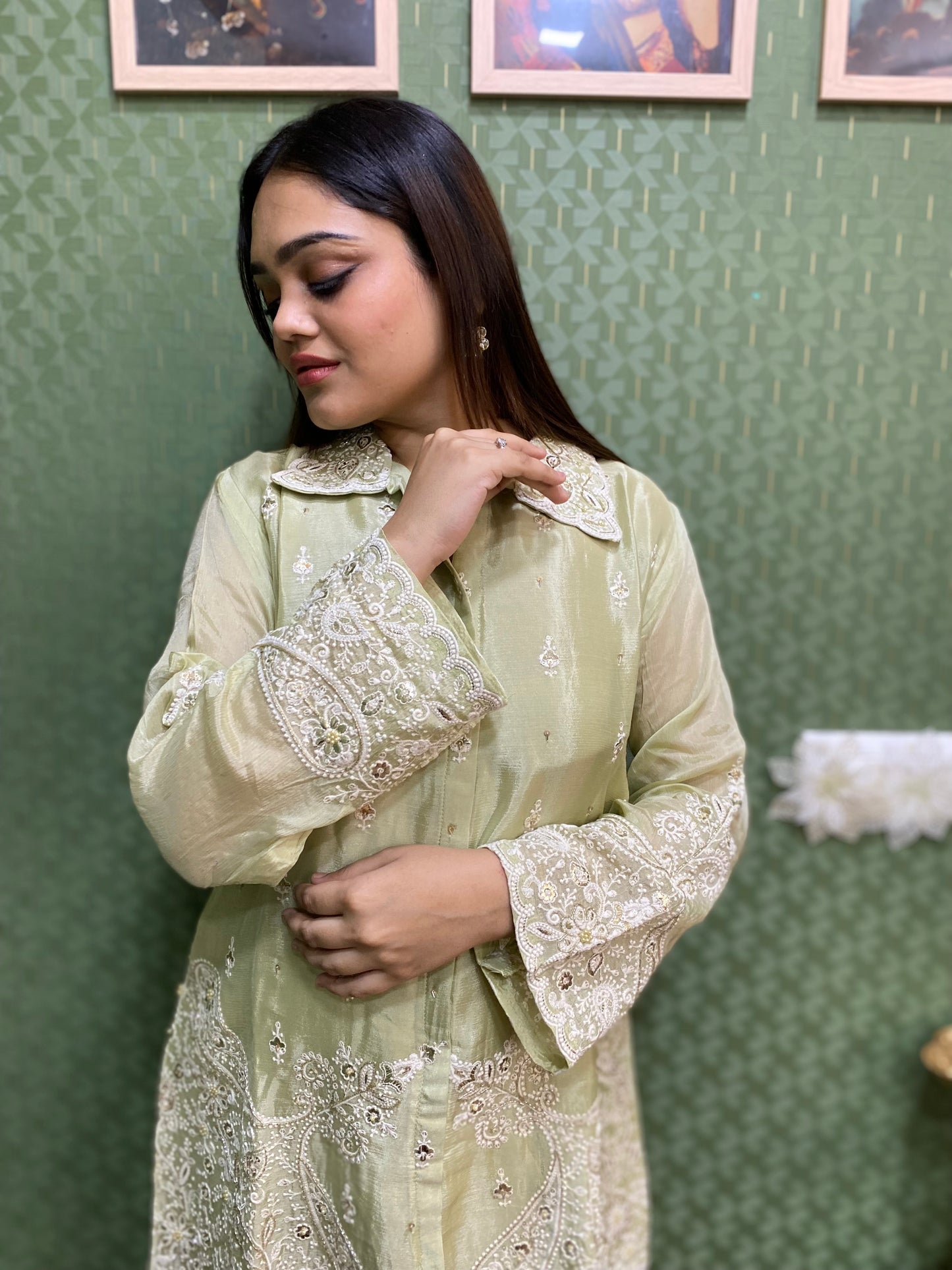 Pista Green Dazzling Handwork Chinnon Co-ord Set #1530