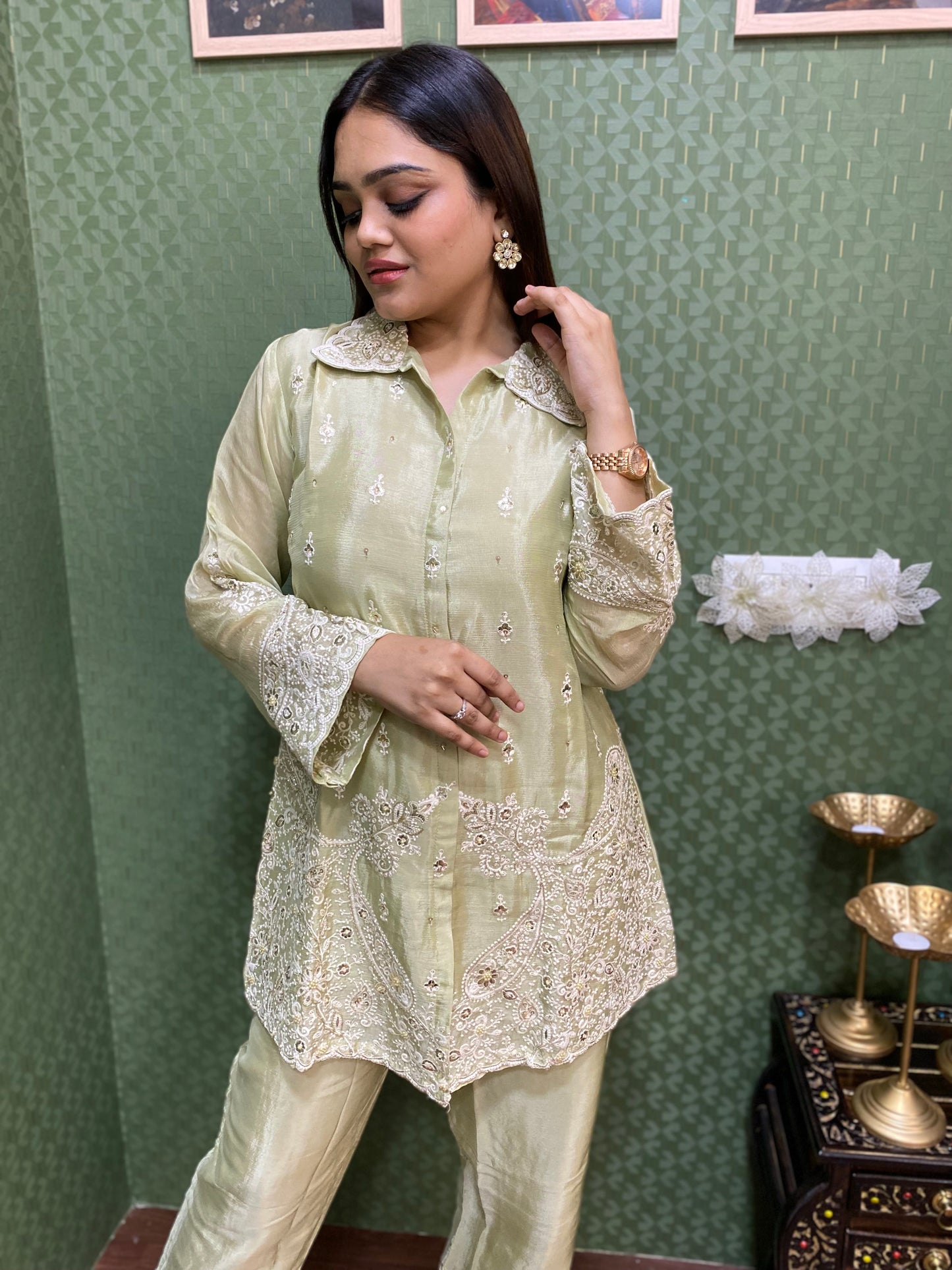 Pista Green Dazzling Handwork Chinnon Co-ord Set #1530