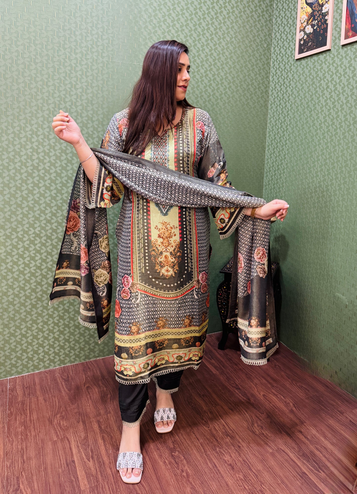 Olive green and black soft shimmer pakistani print suit set #1784