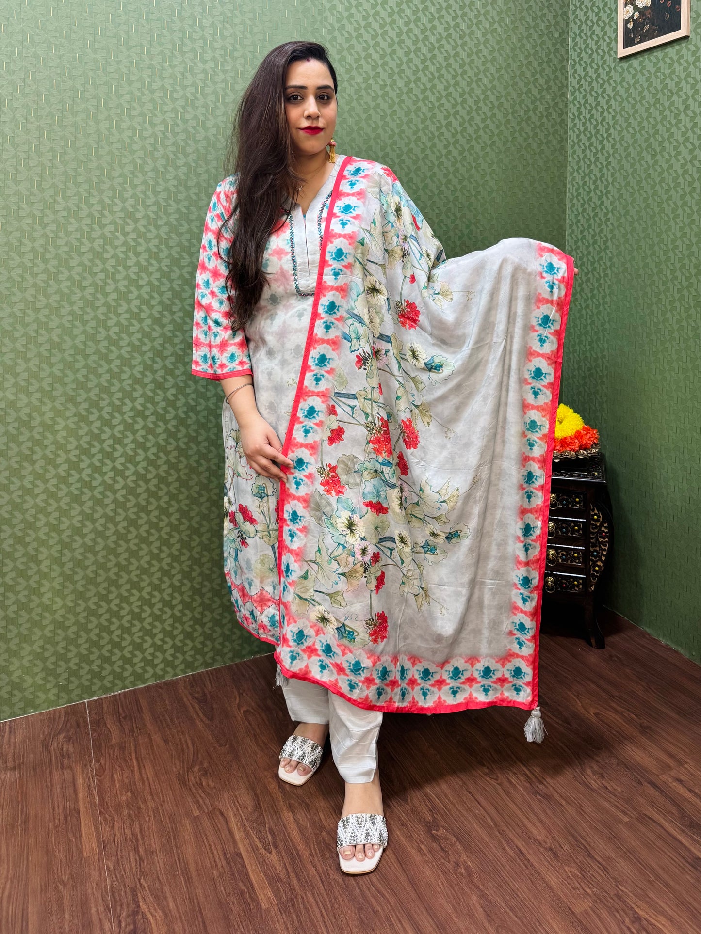 Pure Muslin Grey & Peach Digital Print Suit Set #1765