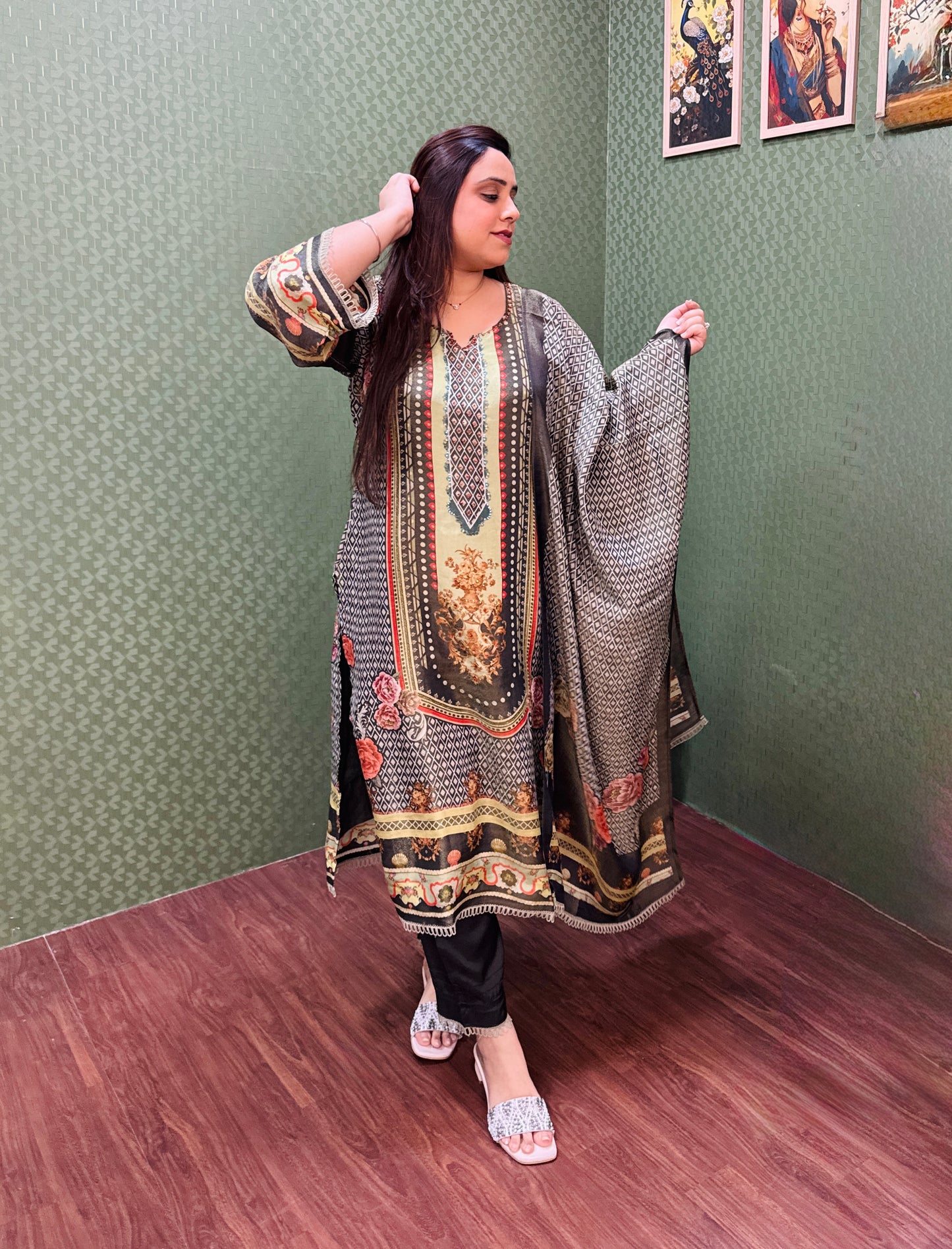 Olive green and black soft shimmer pakistani print suit set #1784