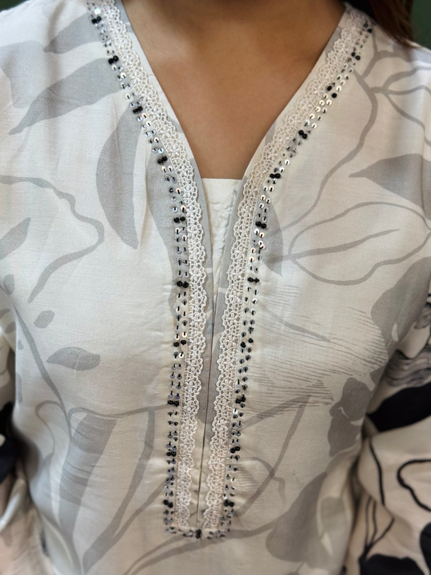 Ivory & Black Pure Muslin Digital Print Suit #1767