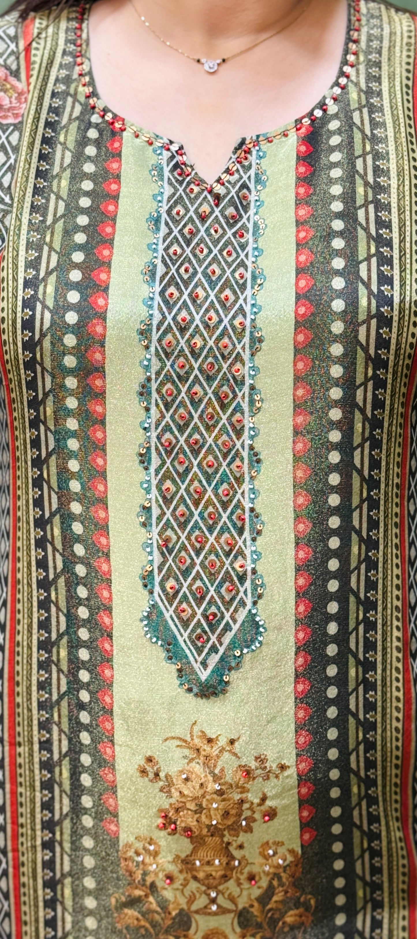 Olive green and black soft shimmer pakistani print suit set #1784