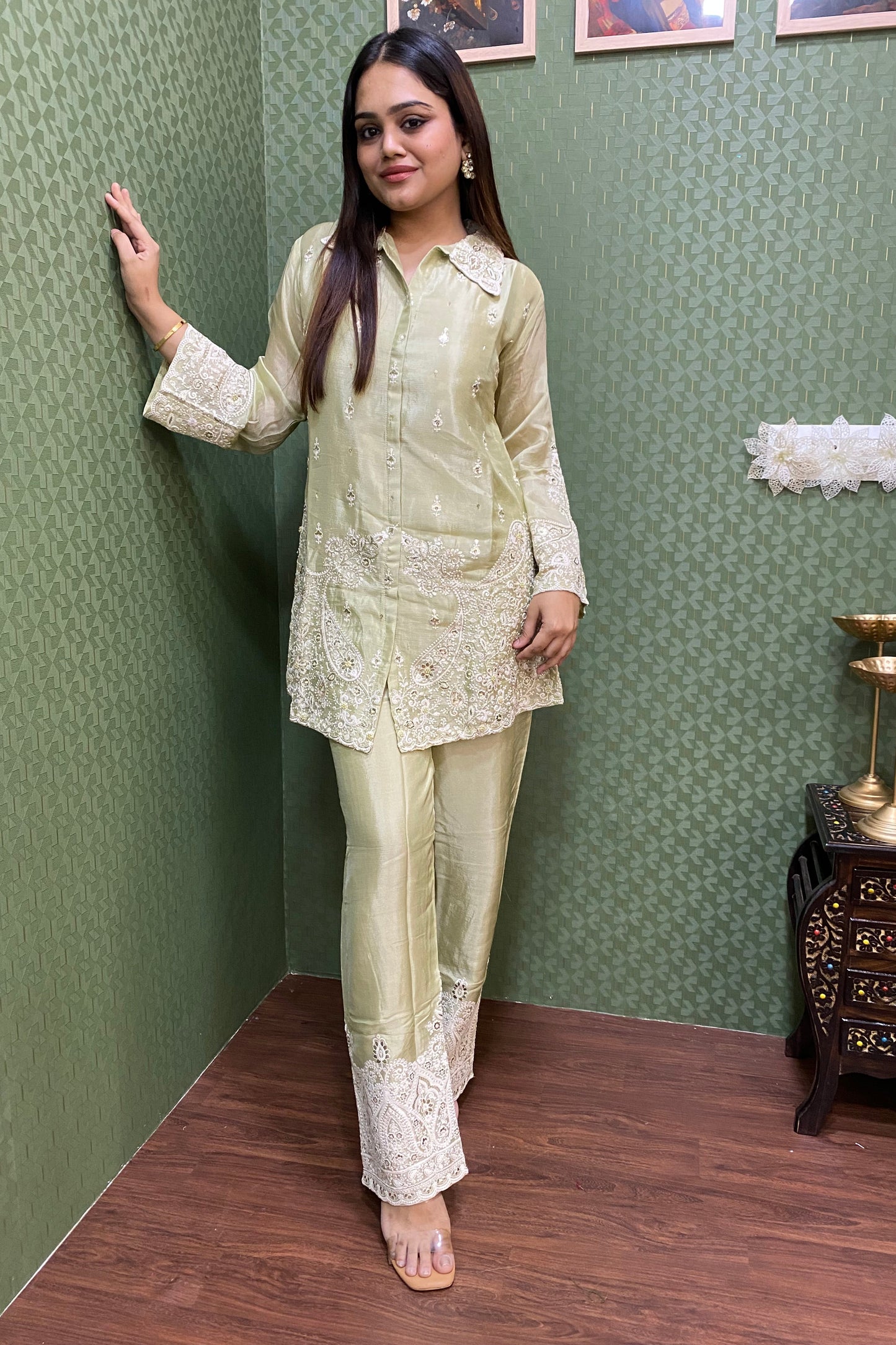 Pista Green Dazzling Handwork Chinnon Co-ord Set #1530