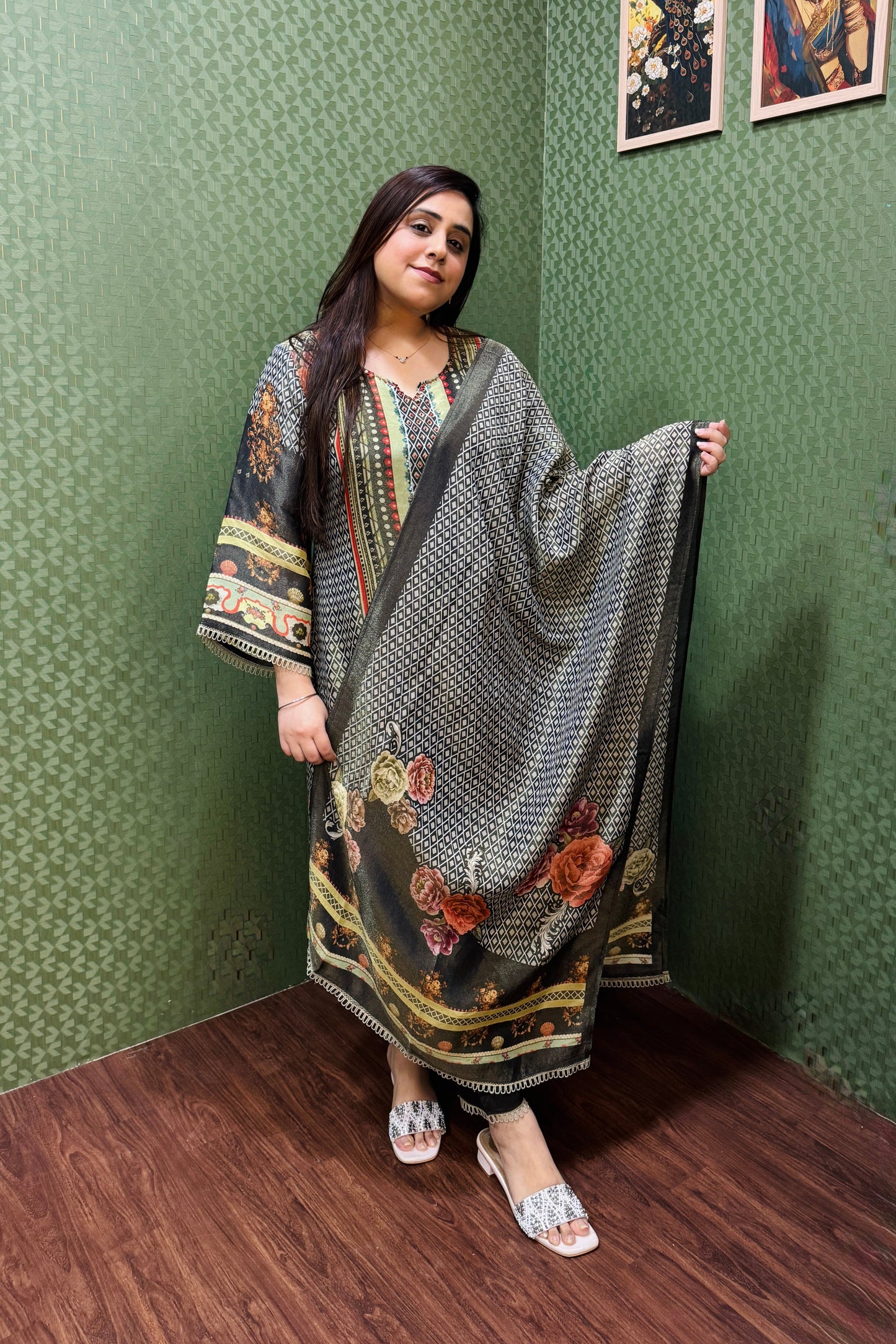 Olive green and black soft shimmer pakistani print suit set #1784