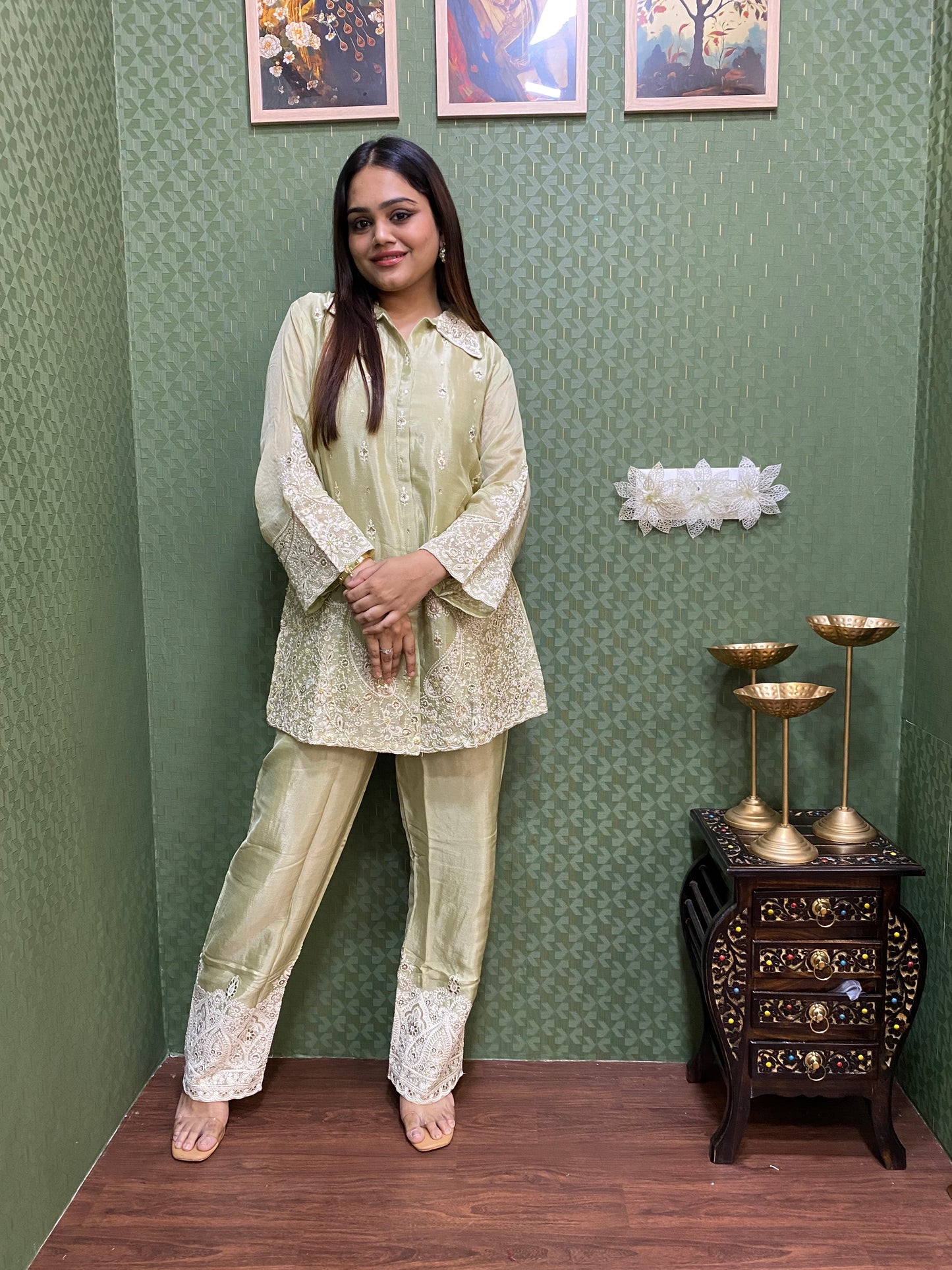 Pista Green Dazzling Handwork Chinnon Co-ord Set #1530