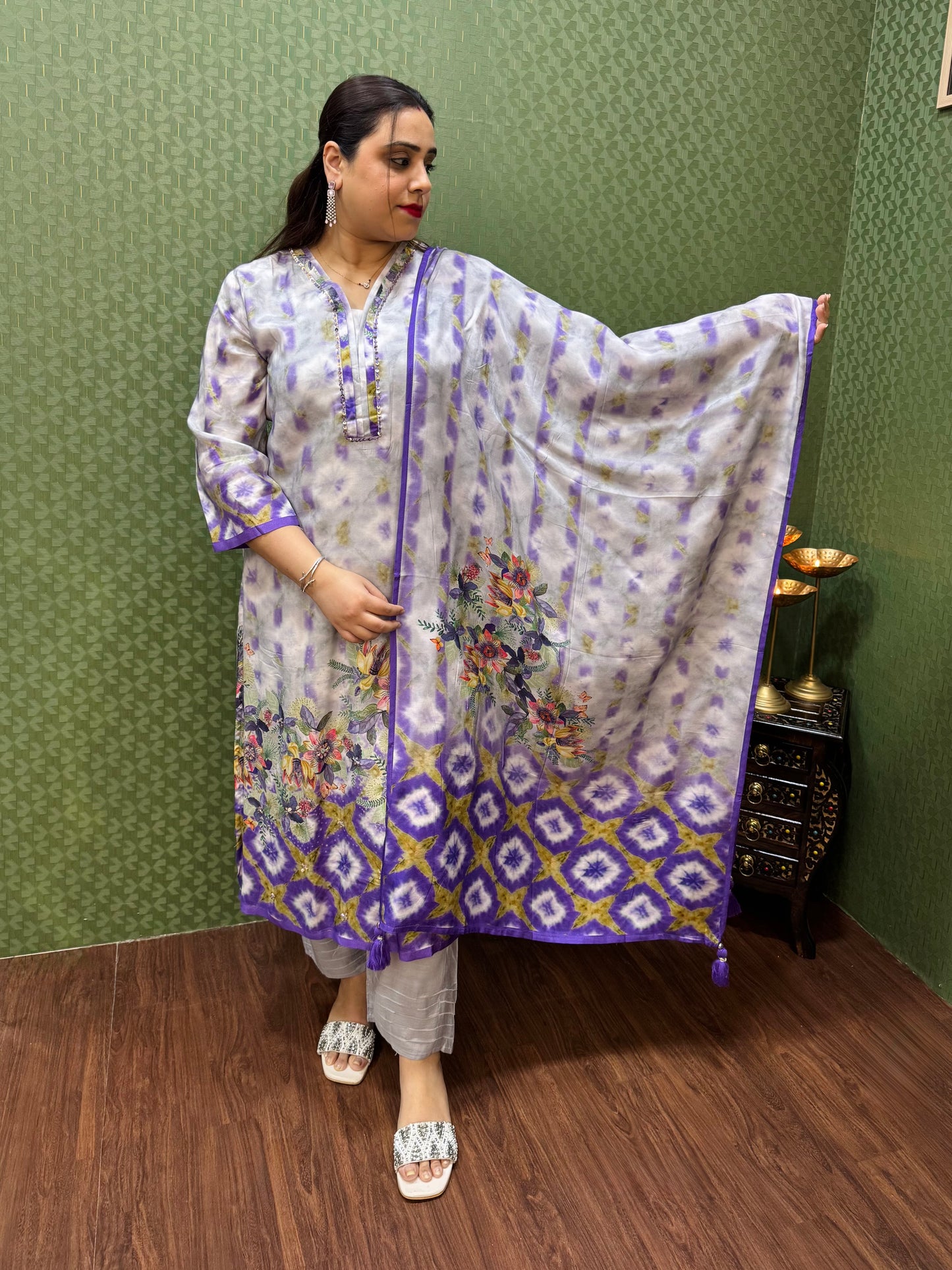 Pure Muslin Grey & Purple Digital Print Suit Set #1768