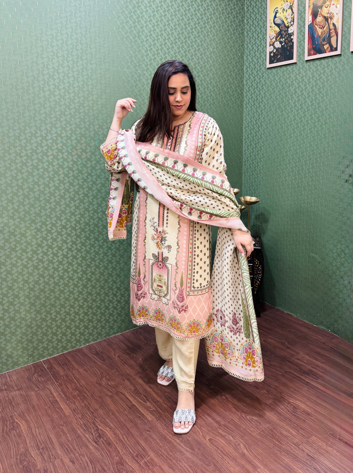 Ivory and Peach soft shimmer pakistani print suit set #1783