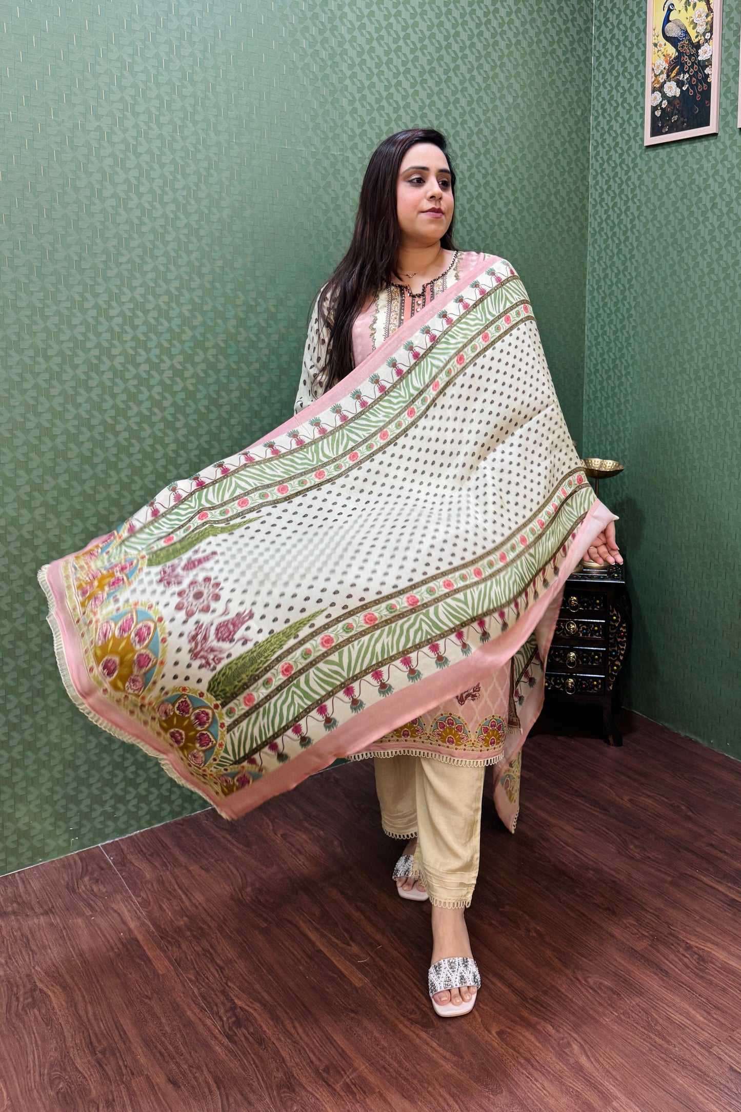 Ivory and Peach soft shimmer pakistani print suit set #1783