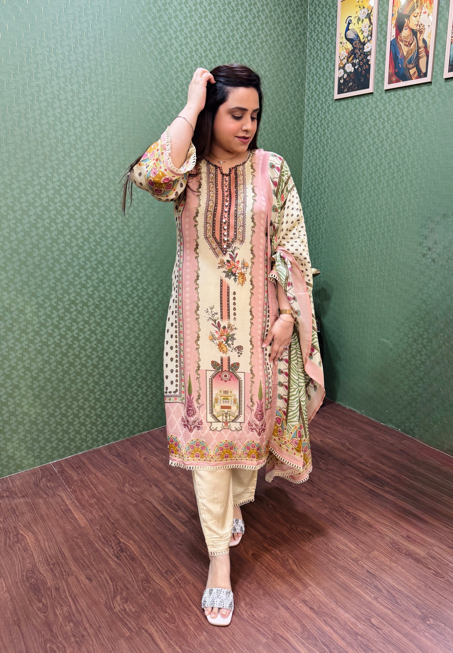 Ivory and Peach soft shimmer pakistani print suit set #1783