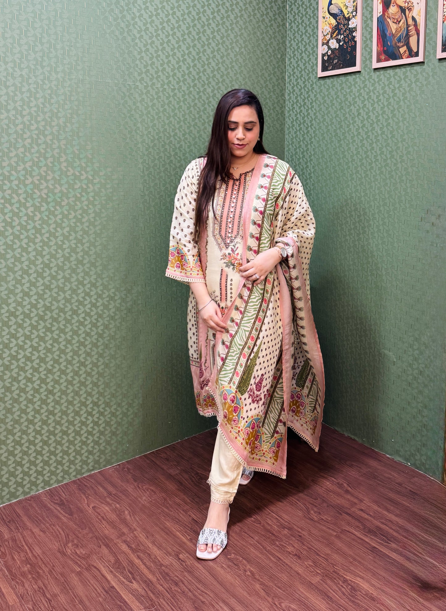Ivory and Peach soft shimmer pakistani print suit set #1783