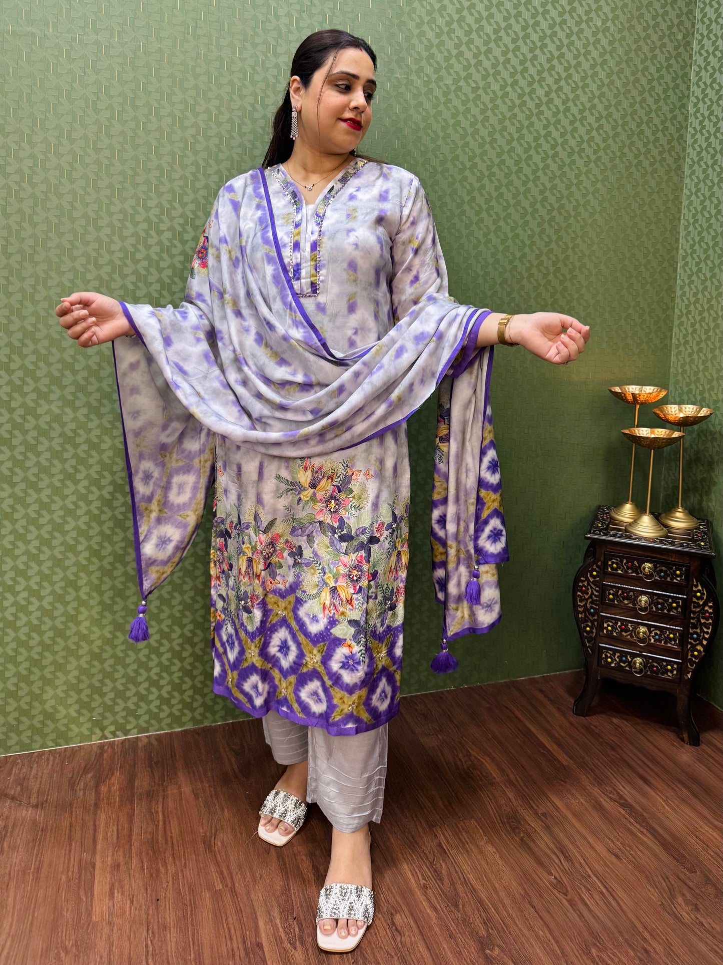 Pure Muslin Grey & Purple Digital Print Suit Set #1768
