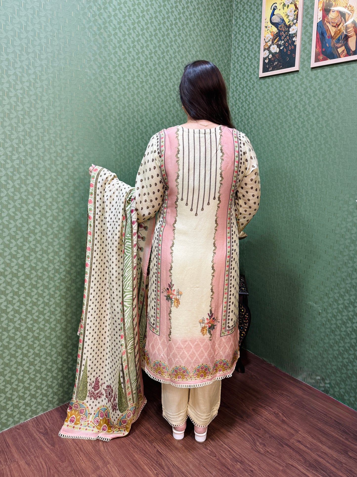 Ivory and Peach soft shimmer pakistani print suit set #1783