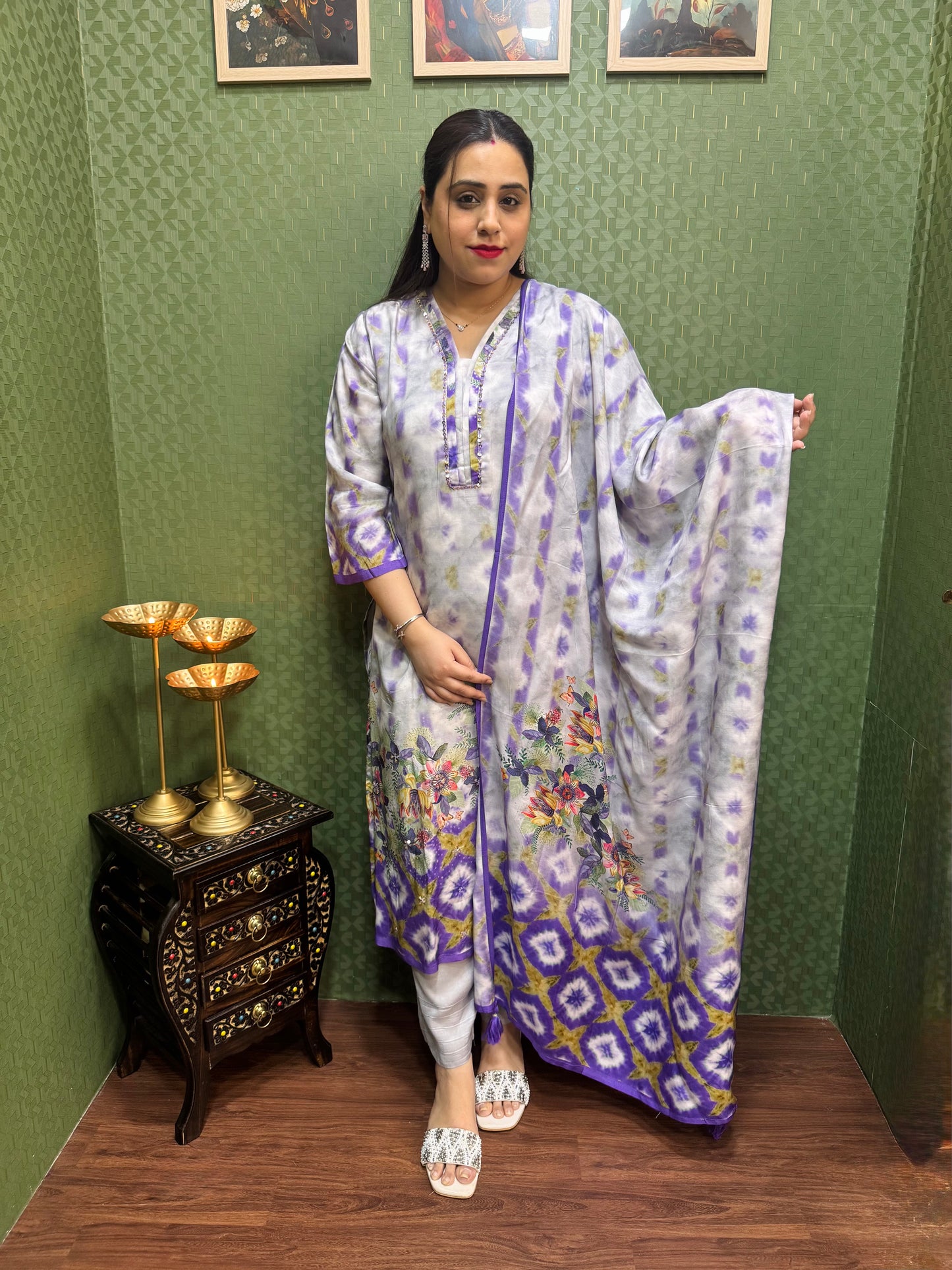 Pure Muslin Grey & Purple Digital Print Suit Set #1768