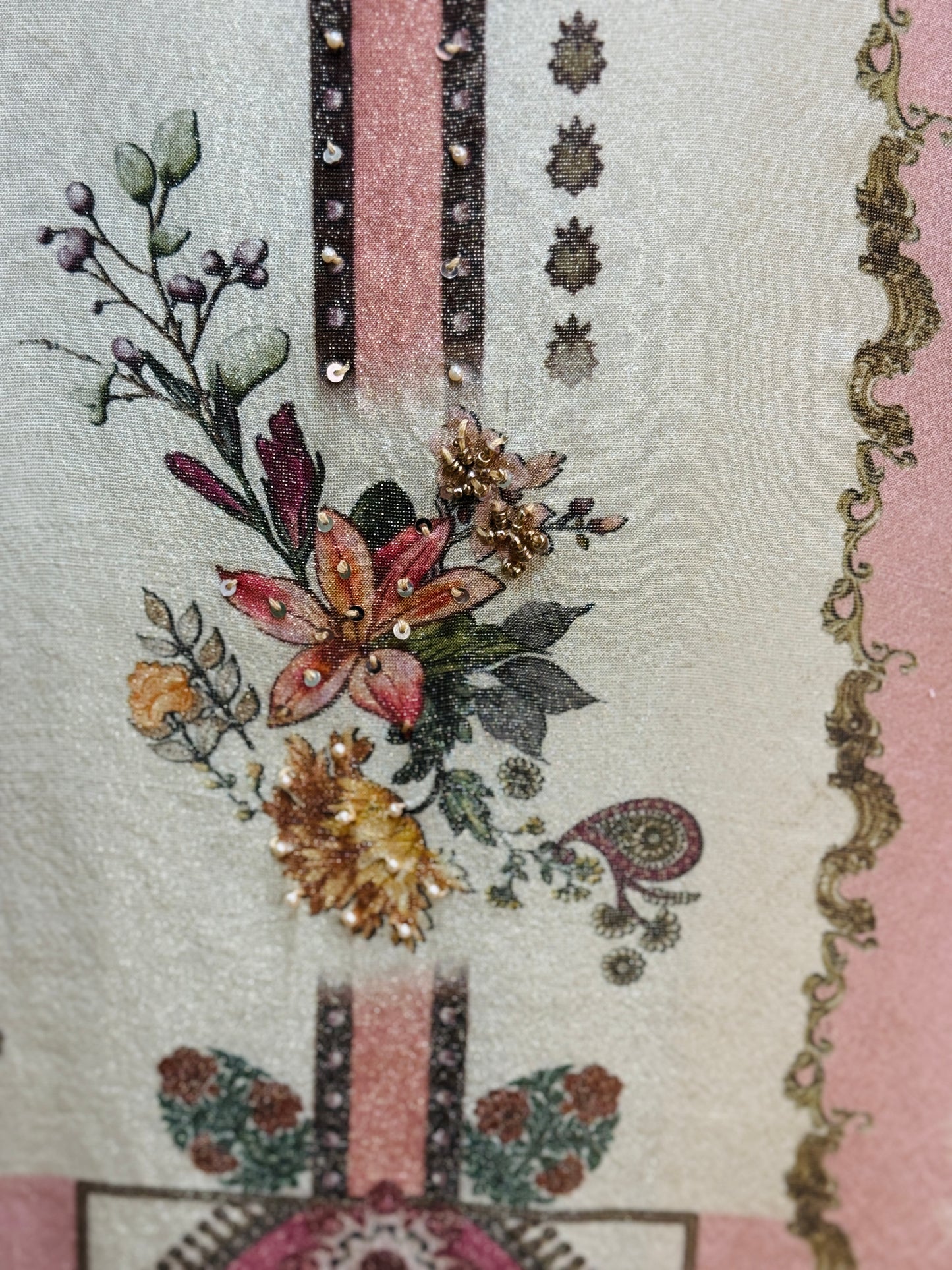 Ivory and Peach soft shimmer pakistani print suit set #1783