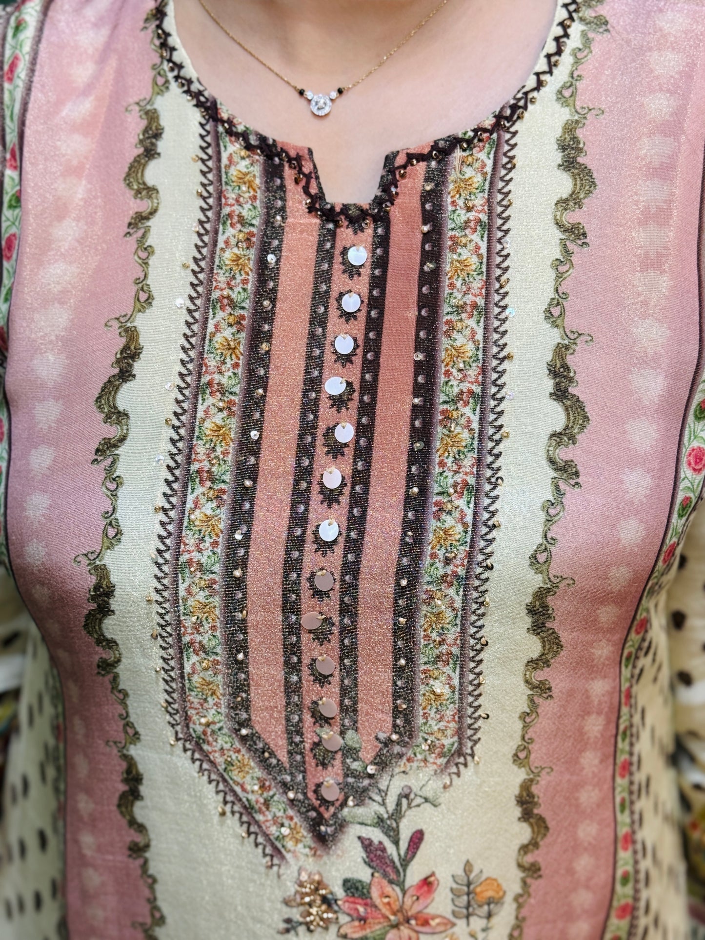 Ivory and Peach soft shimmer pakistani print suit set #1783