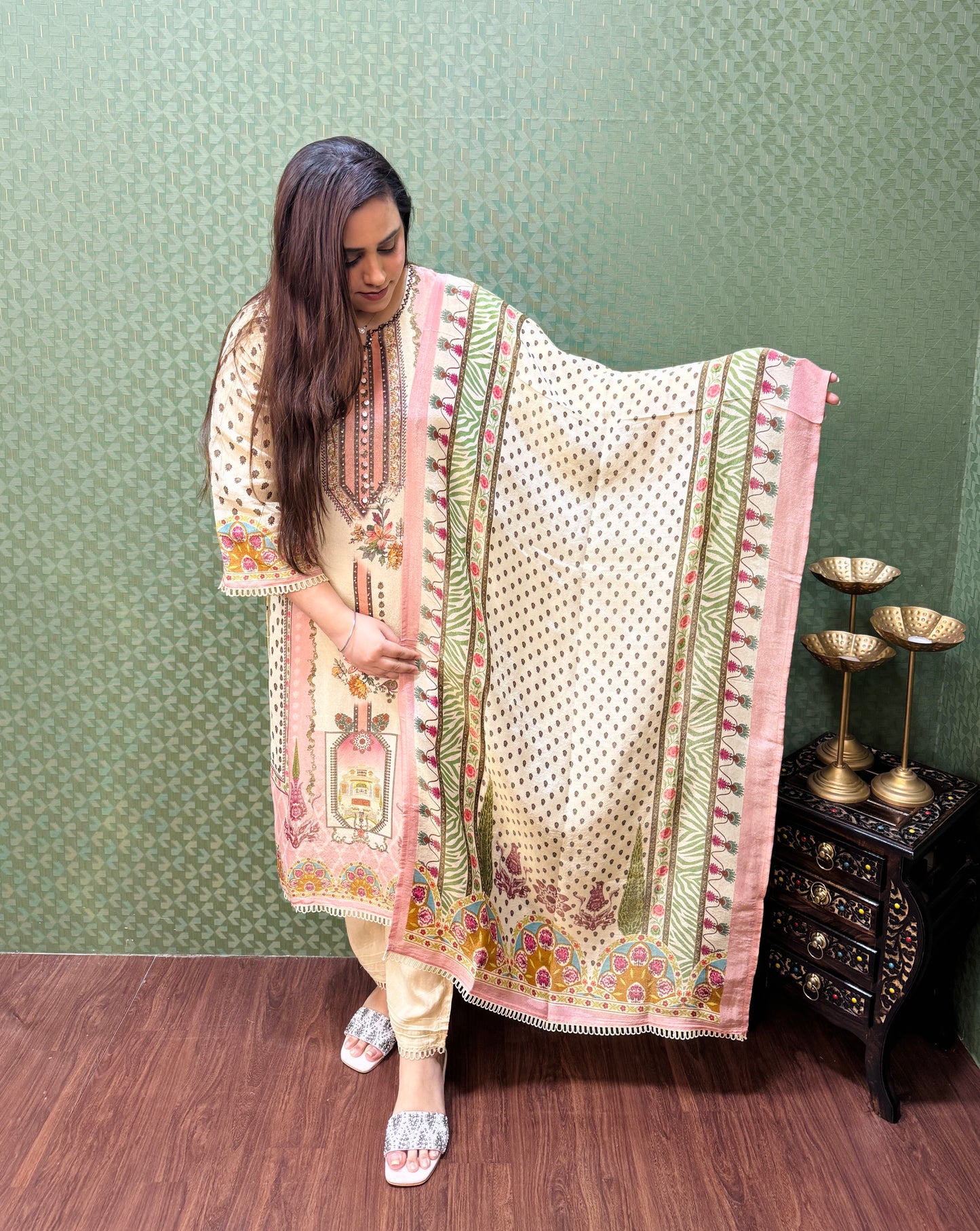 Ivory and Peach soft shimmer pakistani print suit set #1783